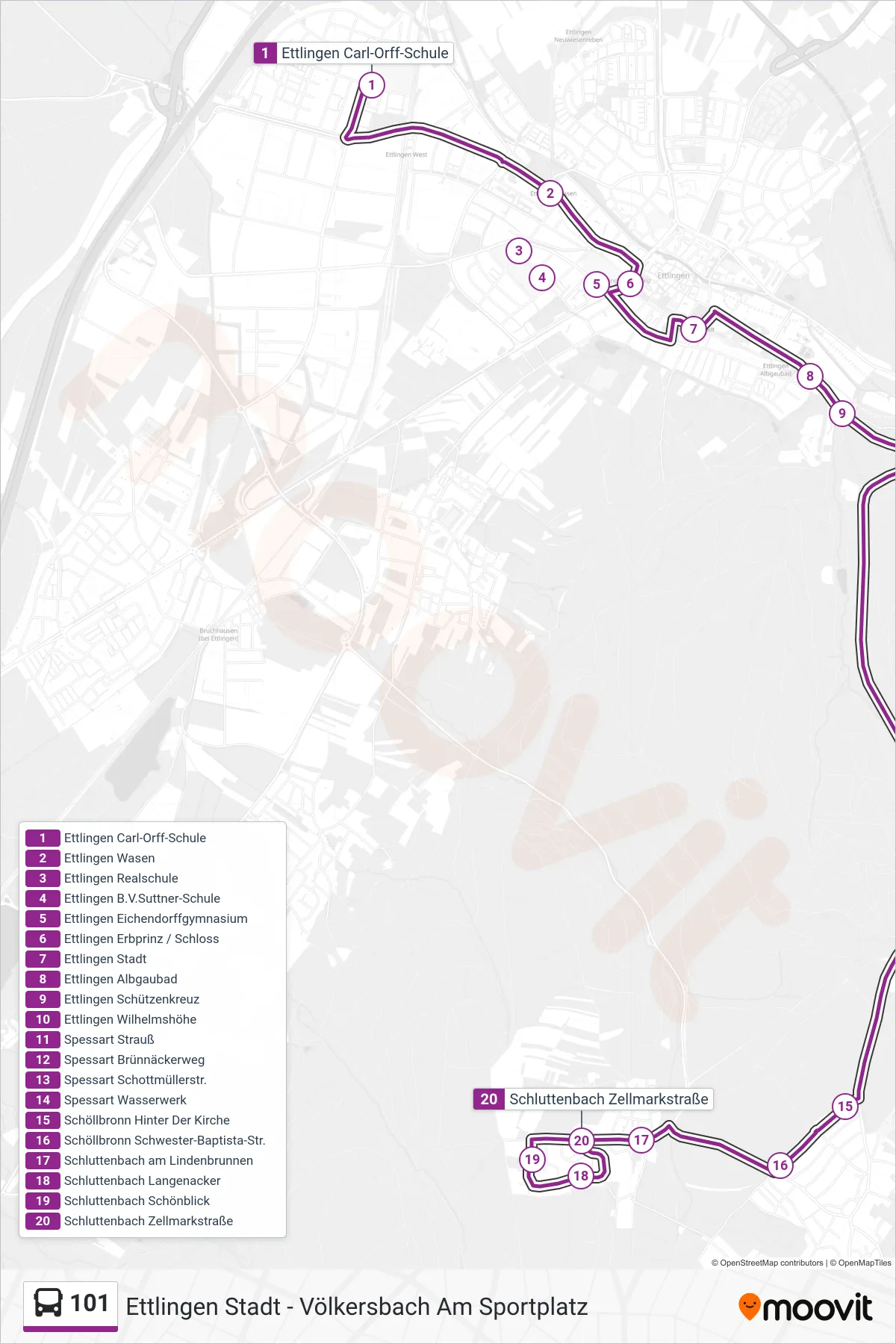 101 bus Line (Schluttenbach Zellmarkstraße) route and stops on a map