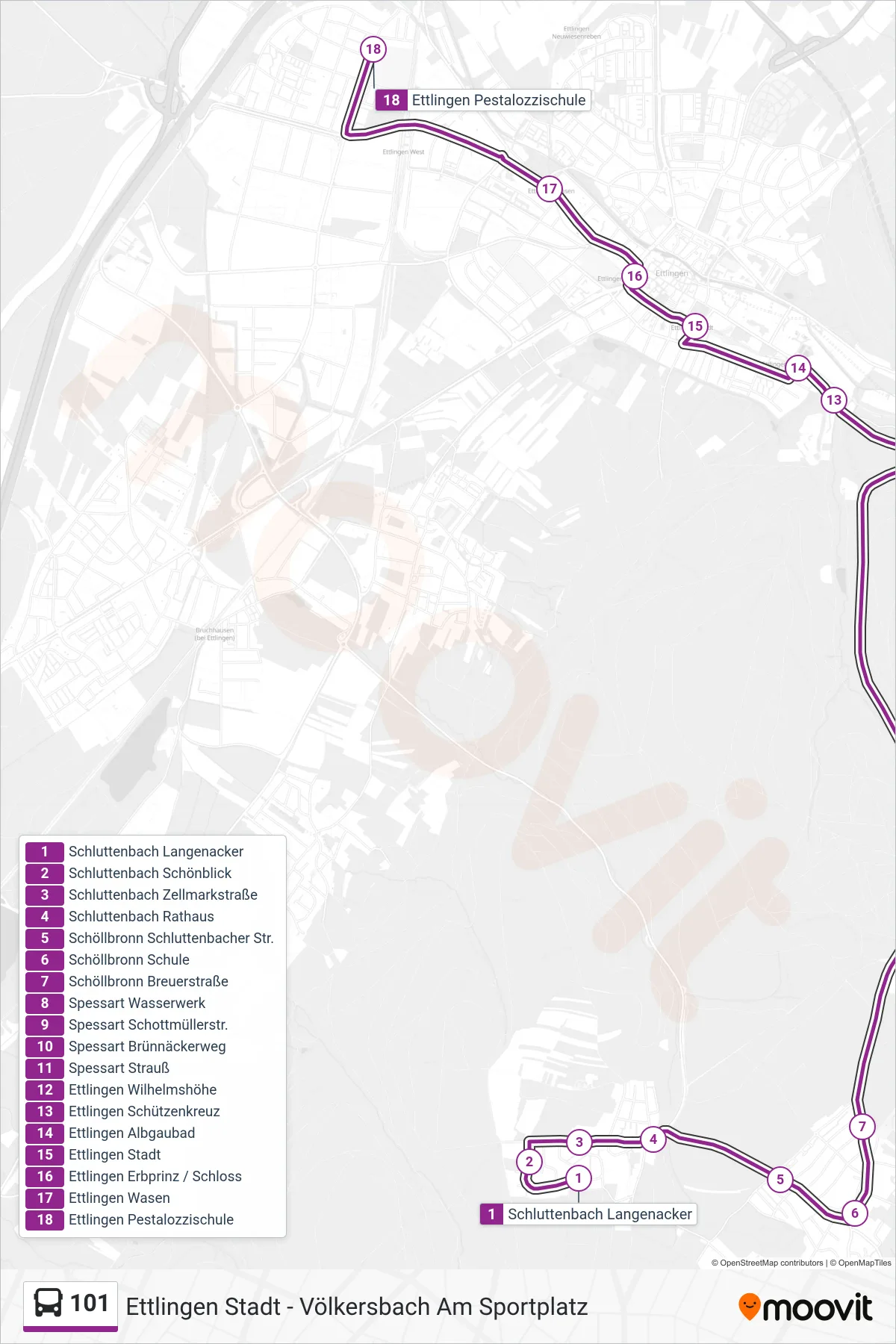 101 bus Line (Ettlingen Pestalozzischule) route and stops on a map