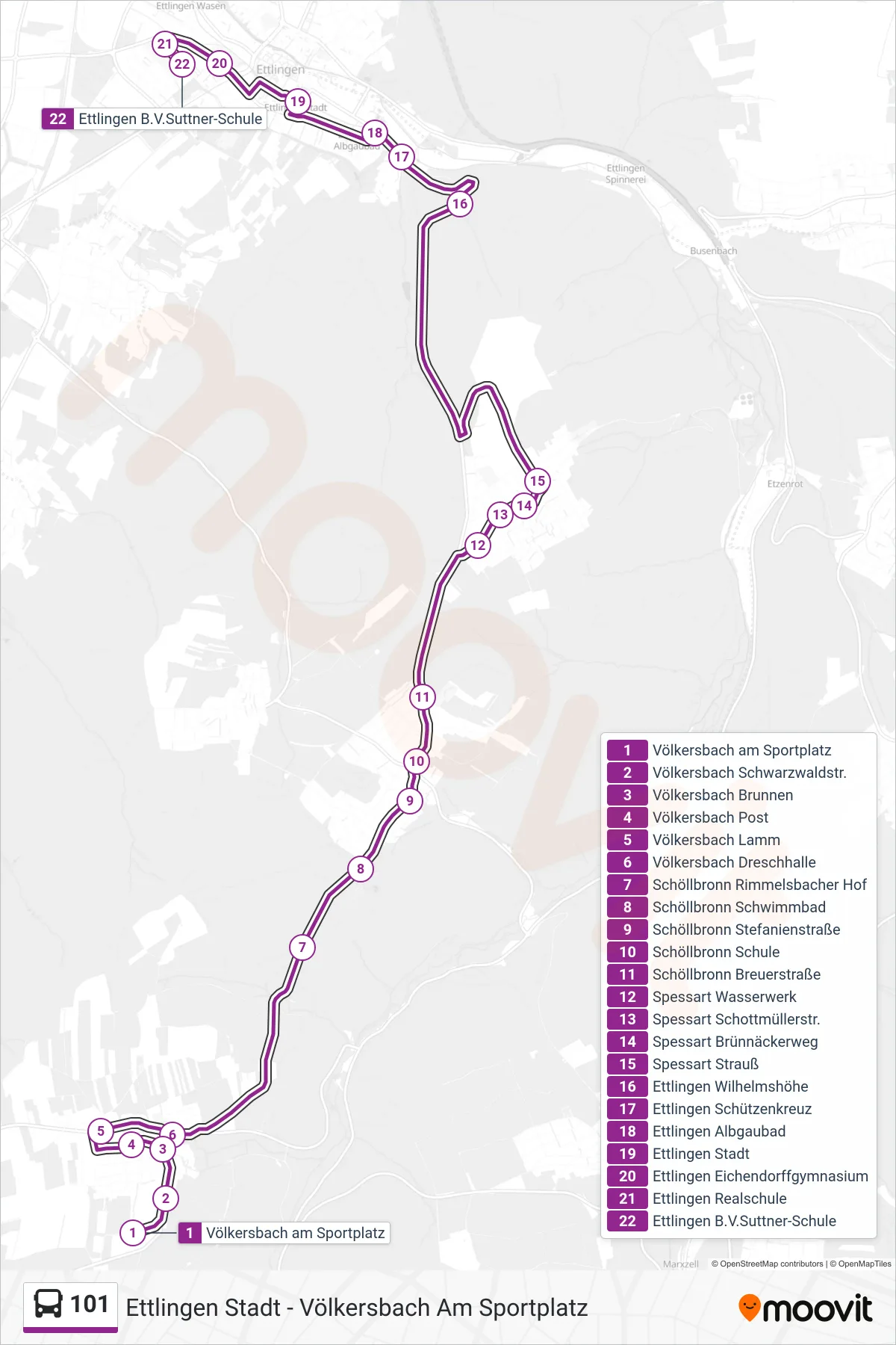 101 bus Line (Ettlingen B.V.Suttner-Schule) route and stops on a map