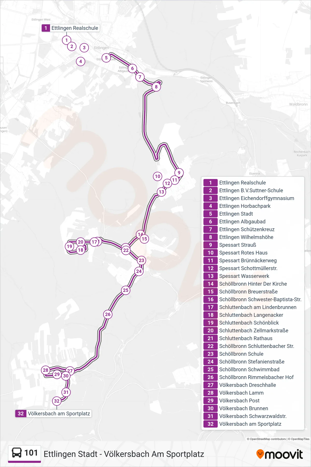 101 bus Line (Völkersbach am Sportplatz) route and stops on a map