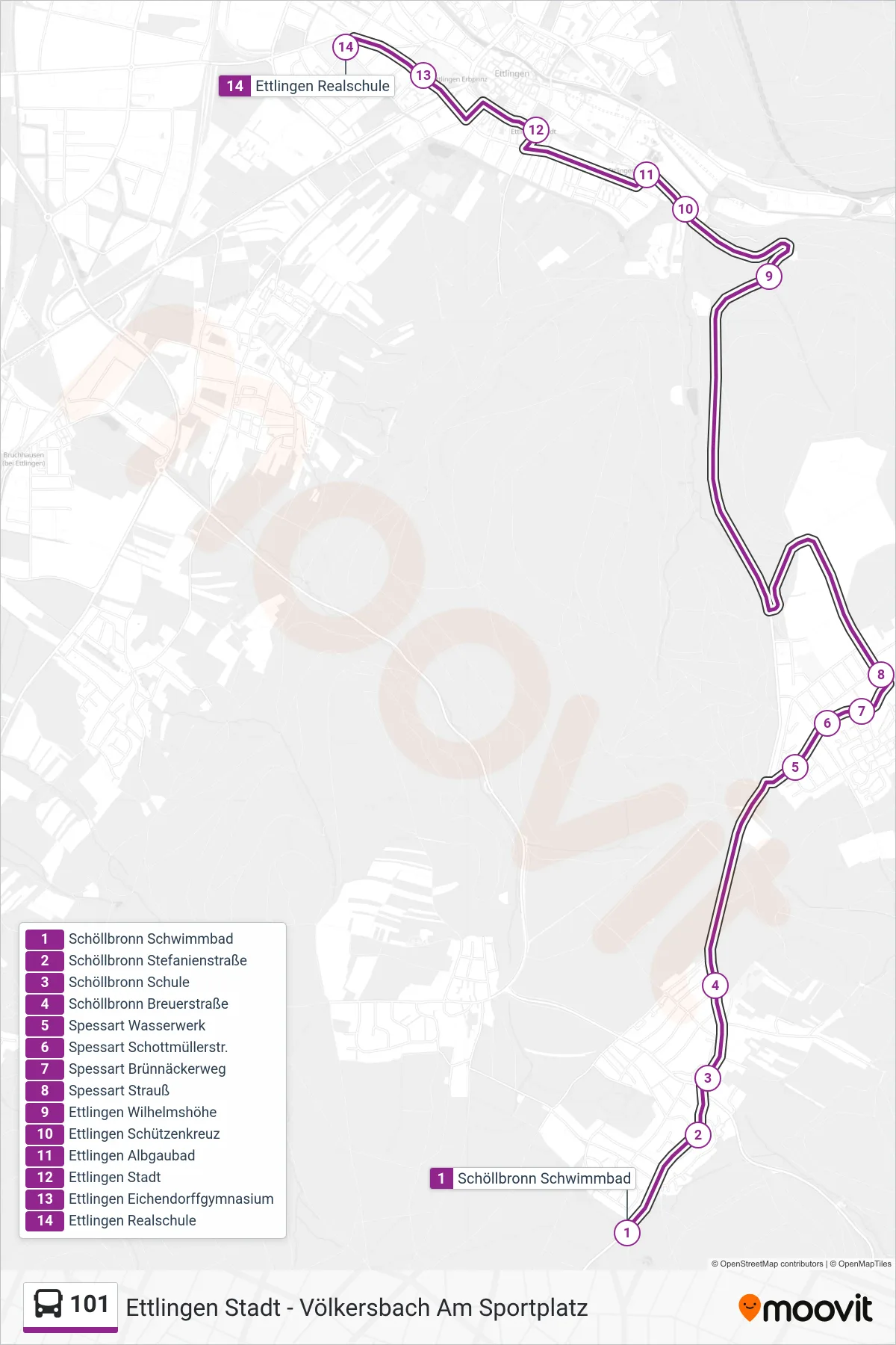 101 bus Line (Ettlingen Realschule) route and stops on a map