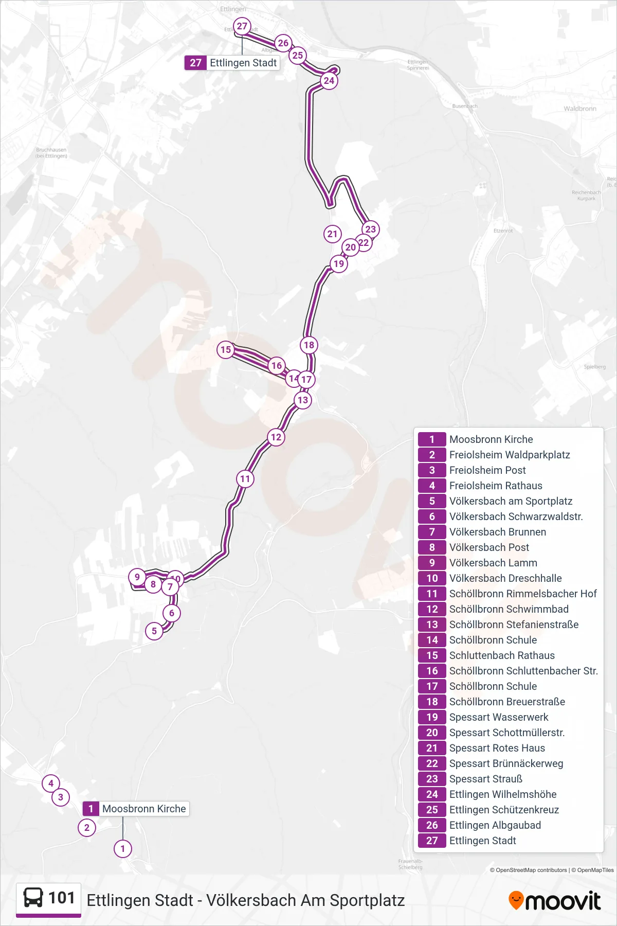 101 bus Line (Ettlingen Stadt) route and stops on a map