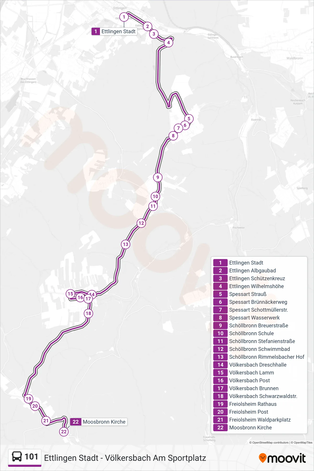 101 bus Line (Moosbronn Kirche) route and stops on a map