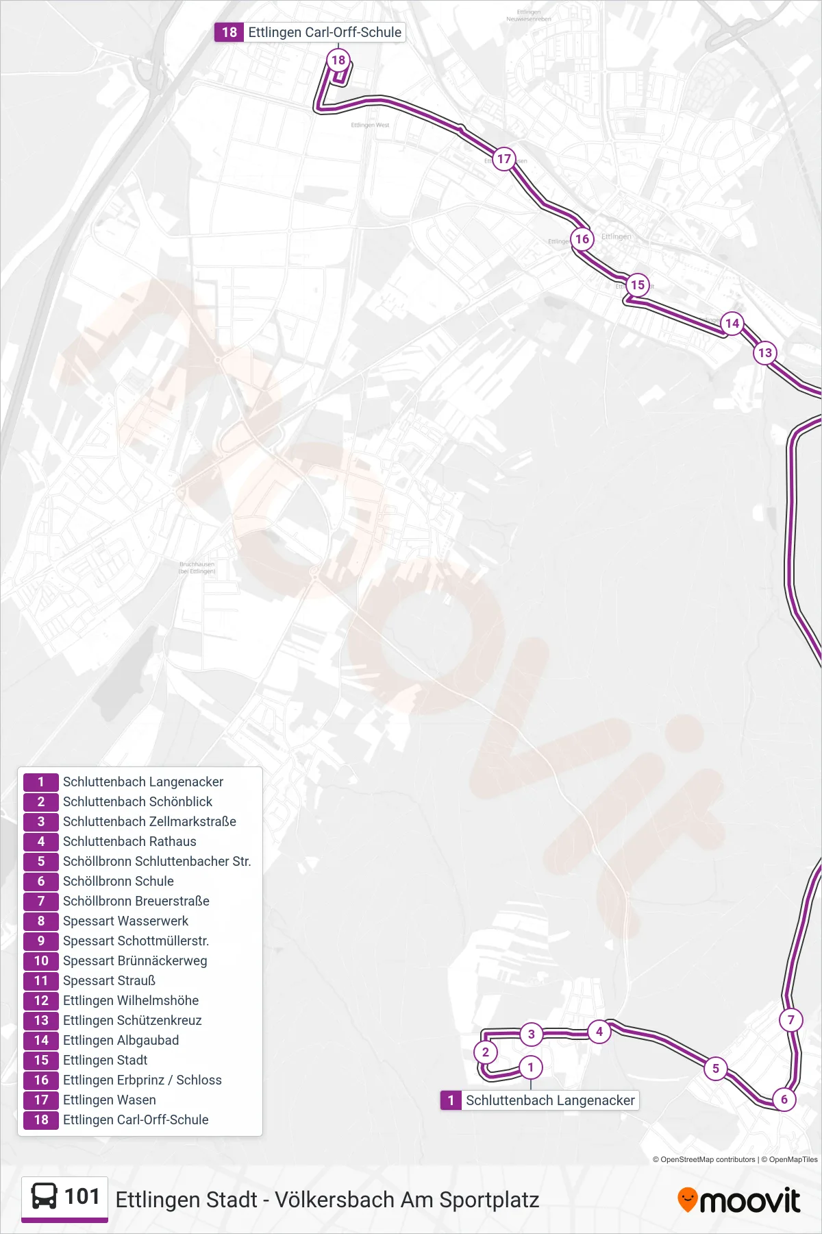 101 bus Line (Ettlingen Carl-Orff-Schule) route and stops on a map