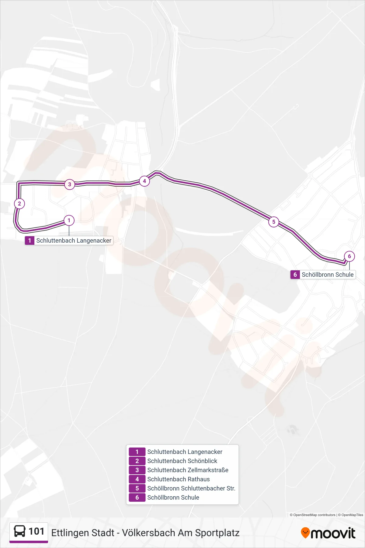 101 bus Line (Schöllbronn Schule) route and stops on a map