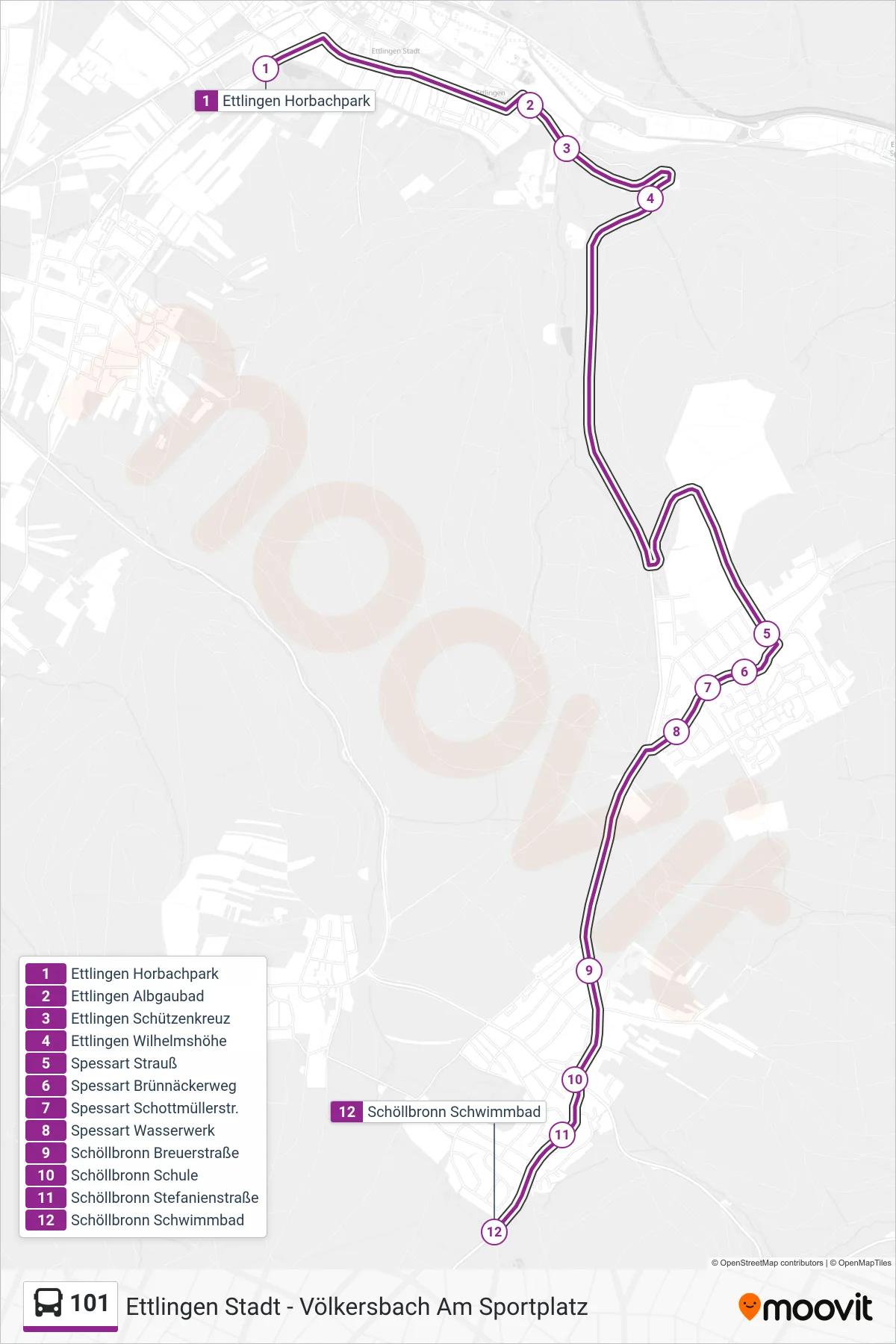 101 bus Line (Schöllbronn Schwimmbad) route and stops on a map