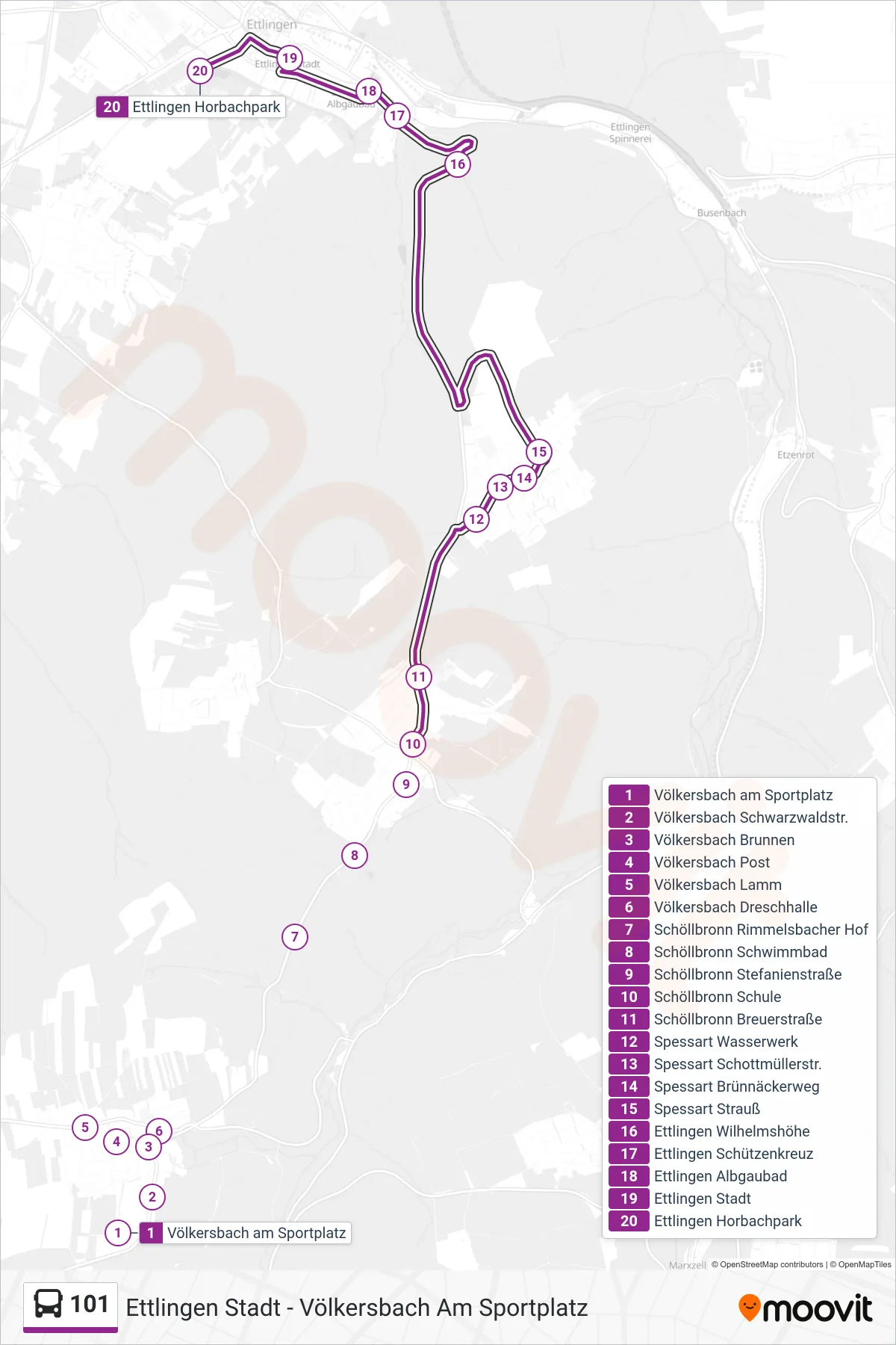 Linie 101 (Bus) Richtung Ettlingen Horbachpark: Route und Haltestellen auf der Karte