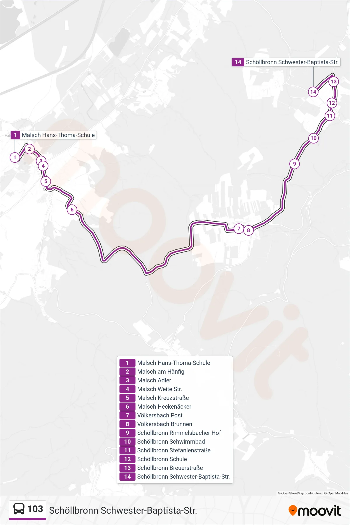 Linie 103 (Bus) Richtung Schöllbronn Schwester-Baptista-Str.: Route und Haltestellen auf der Karte
