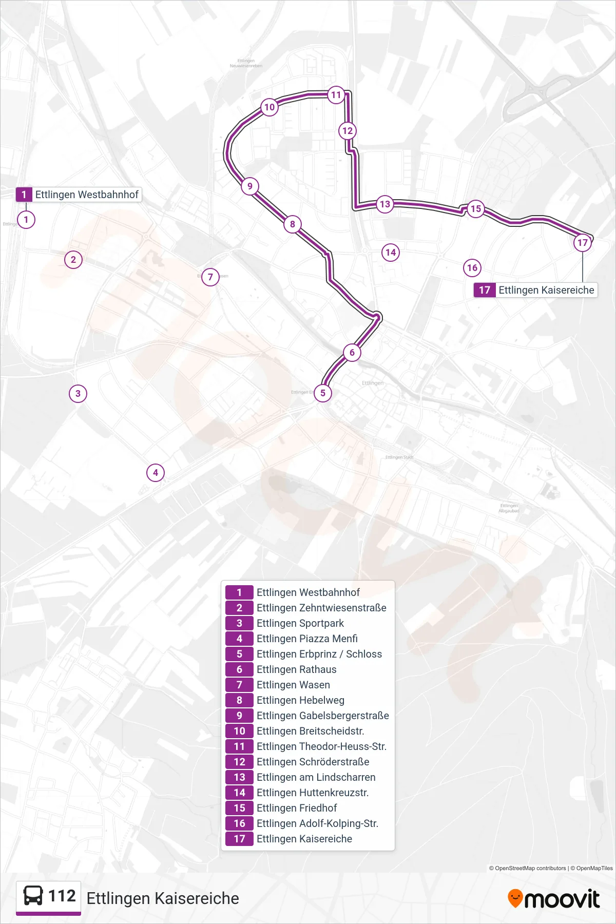 Linie 112 (Bus) Richtung Ettlingen Kaisereiche: Route und Haltestellen auf der Karte
