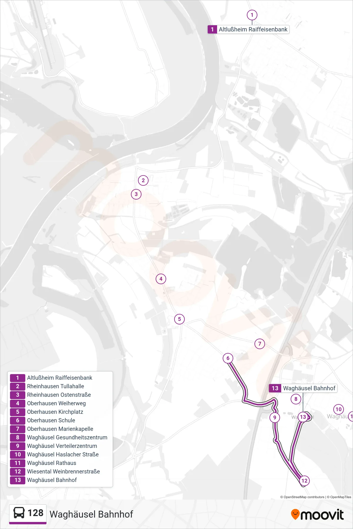 128 bus Line (Waghäusel Bahnhof) route and stops on a map