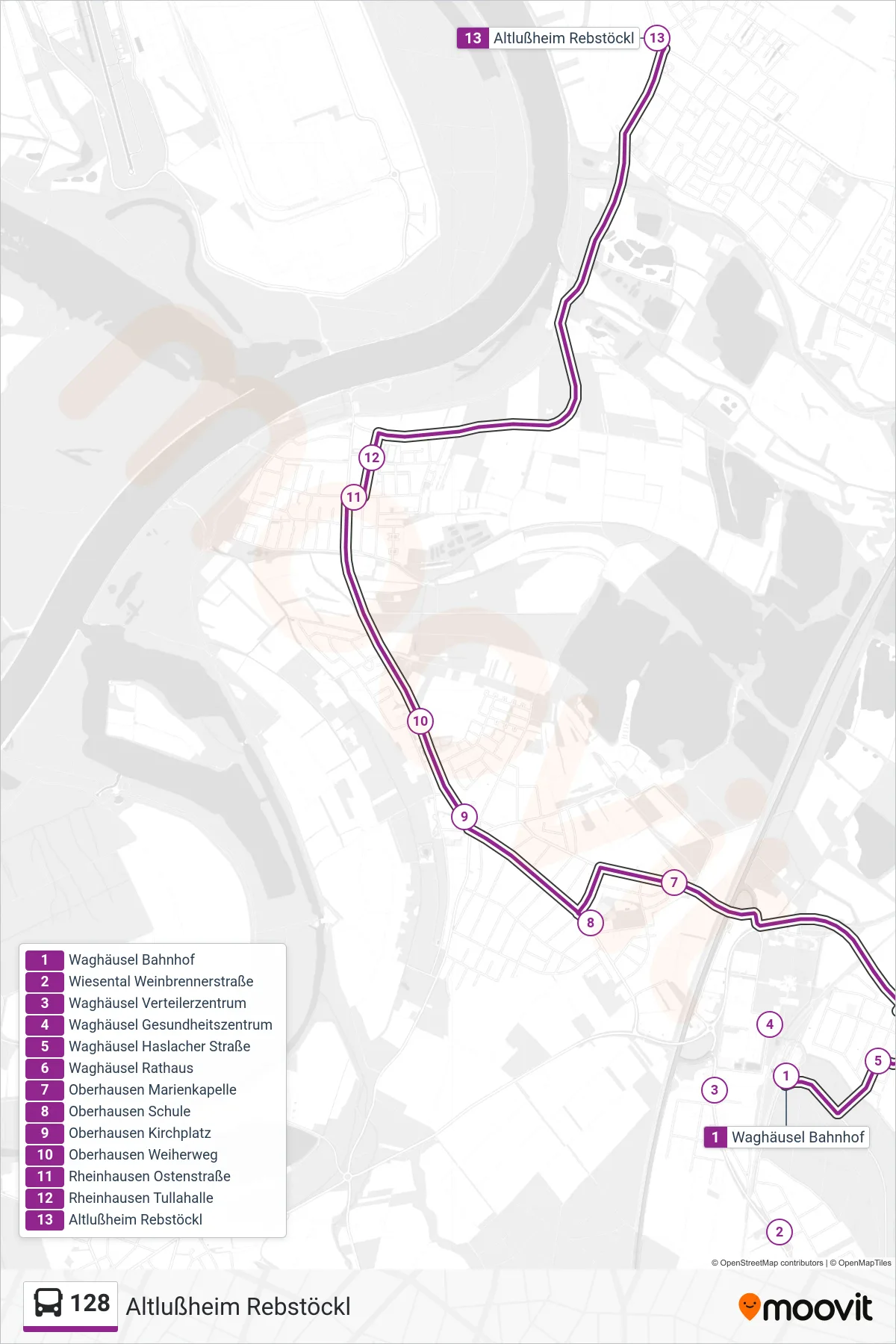 128 bus Line (Altlußheim Rebstöckl) route and stops on a map