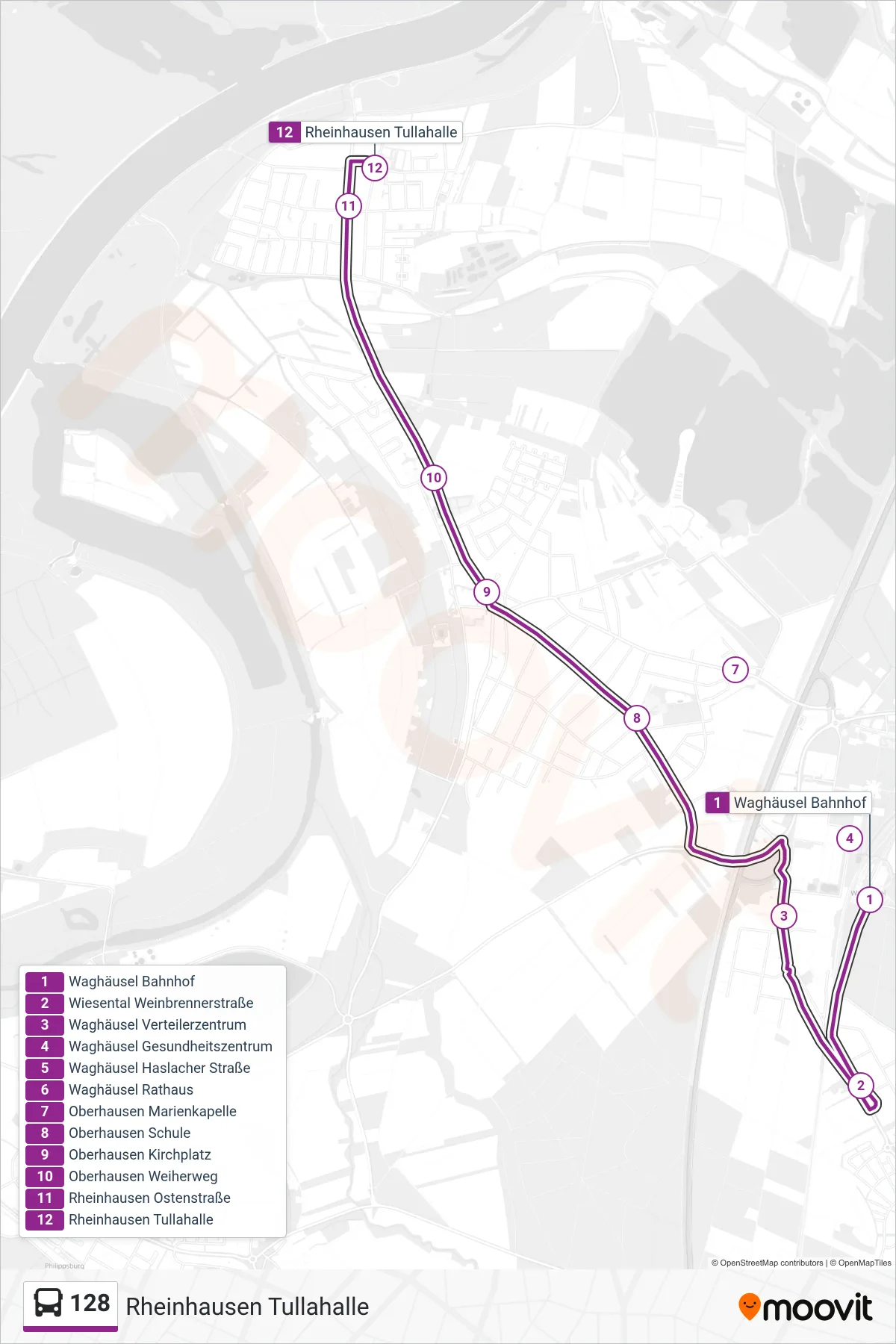 Linie 128 (Bus) Richtung Rheinhausen Tullahalle: Route und Haltestellen auf der Karte