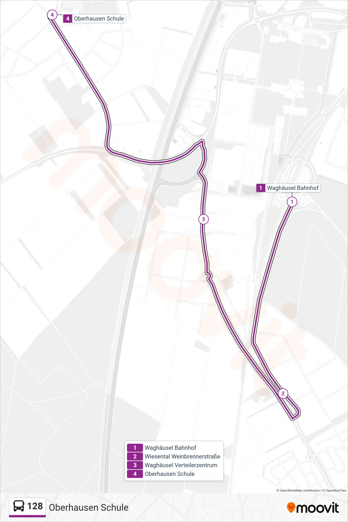 128 bus Line (Oberhausen Schule) route and stops on a map