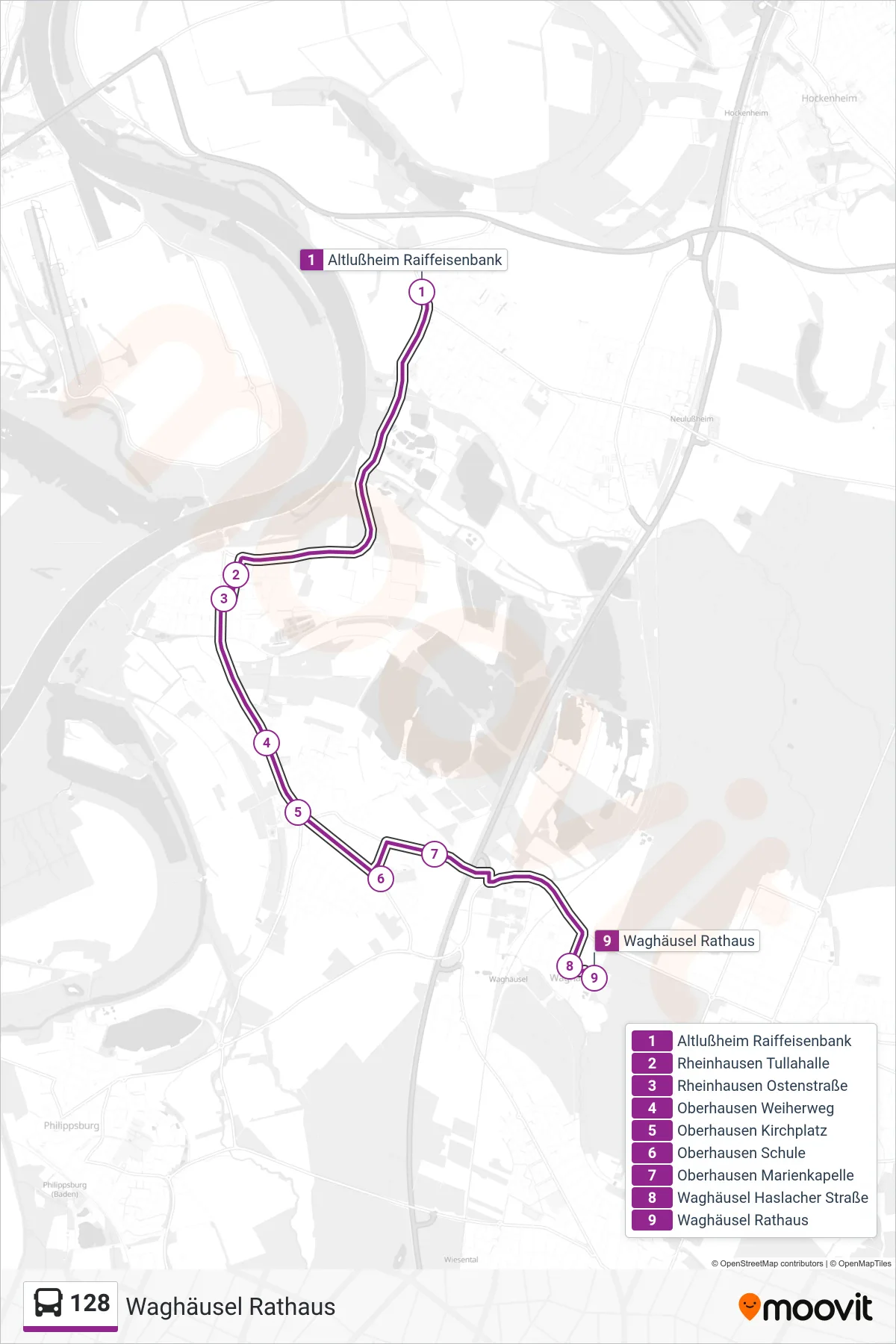 128 bus Line (Waghäusel Rathaus) route and stops on a map