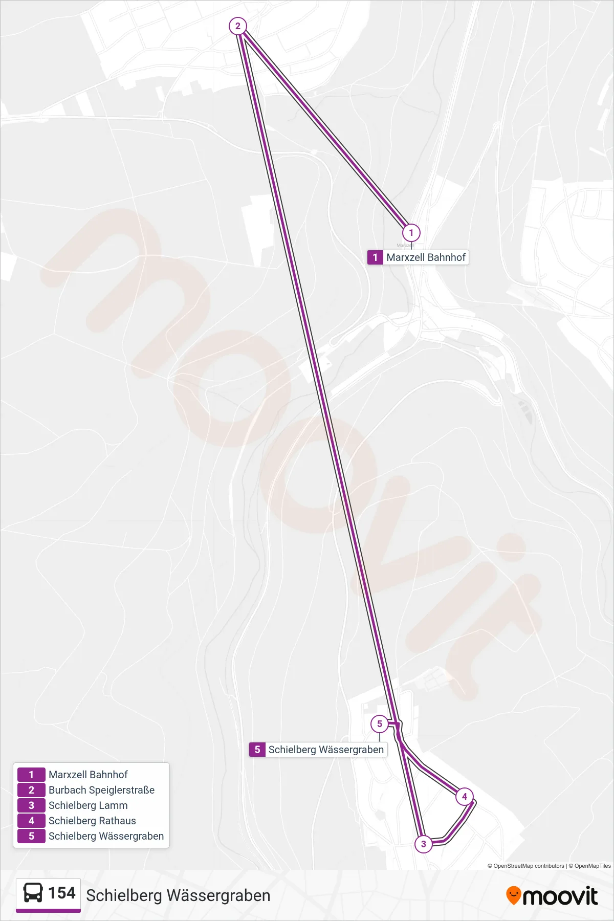 Linie 154 (Bus) Richtung Schielberg Wässergraben: Route und Haltestellen auf der Karte