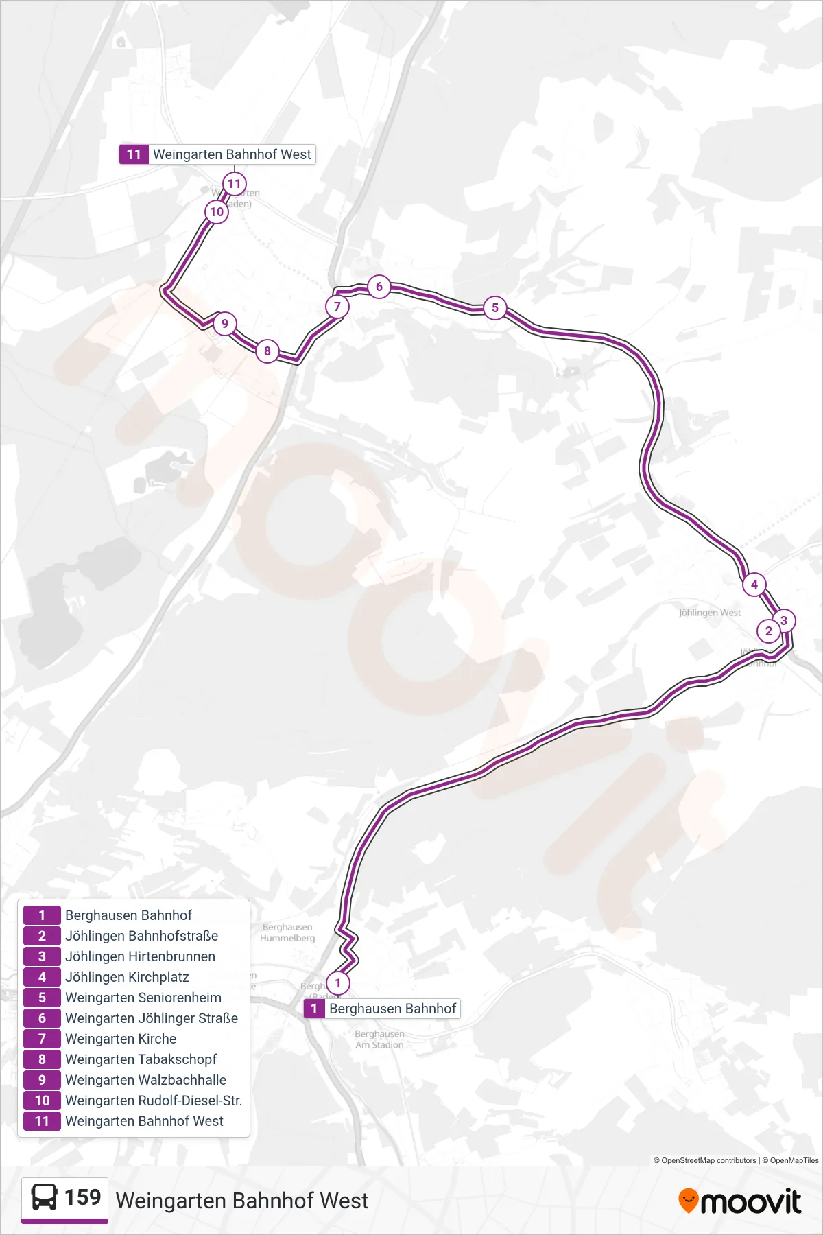 Linie 159 (Bus) Richtung Weingarten Bahnhof West: Route und Haltestellen auf der Karte