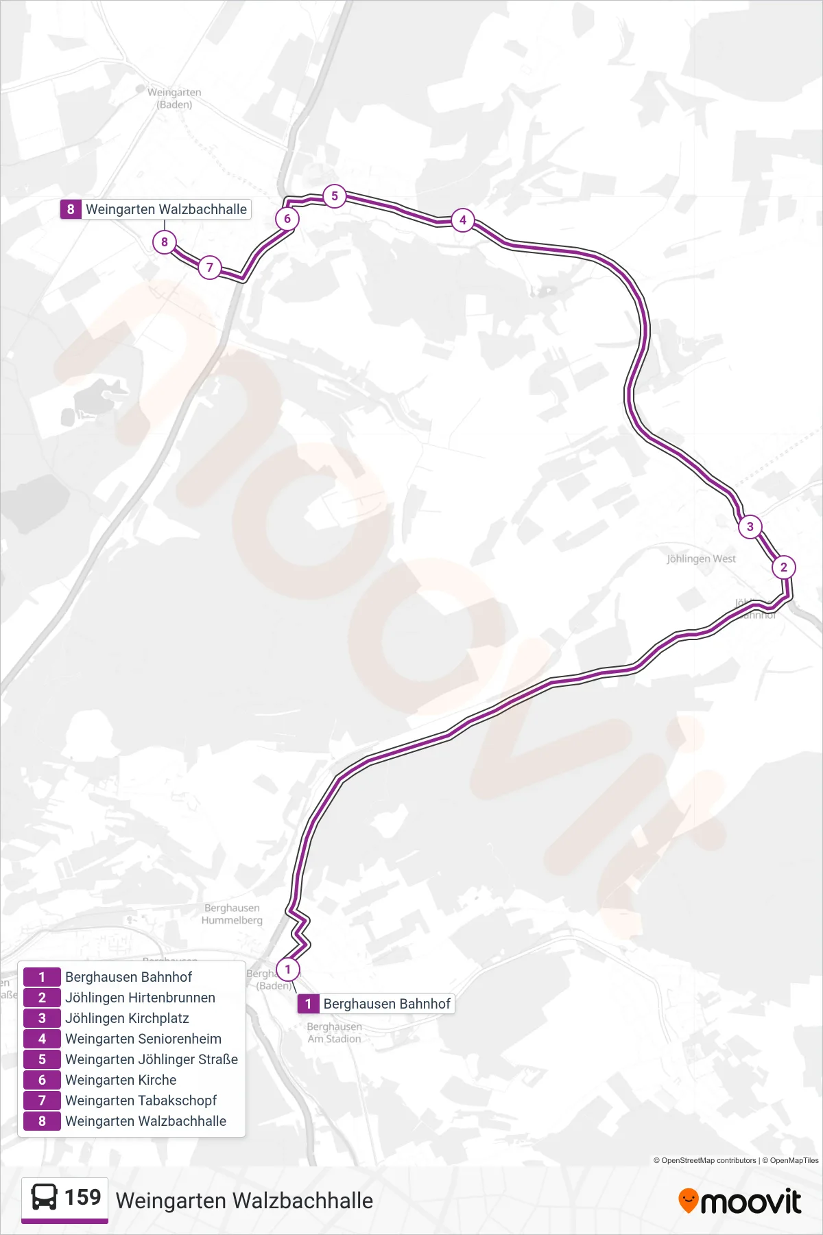 Linie 159 (Bus) Richtung Weingarten Walzbachhalle: Route und Haltestellen auf der Karte