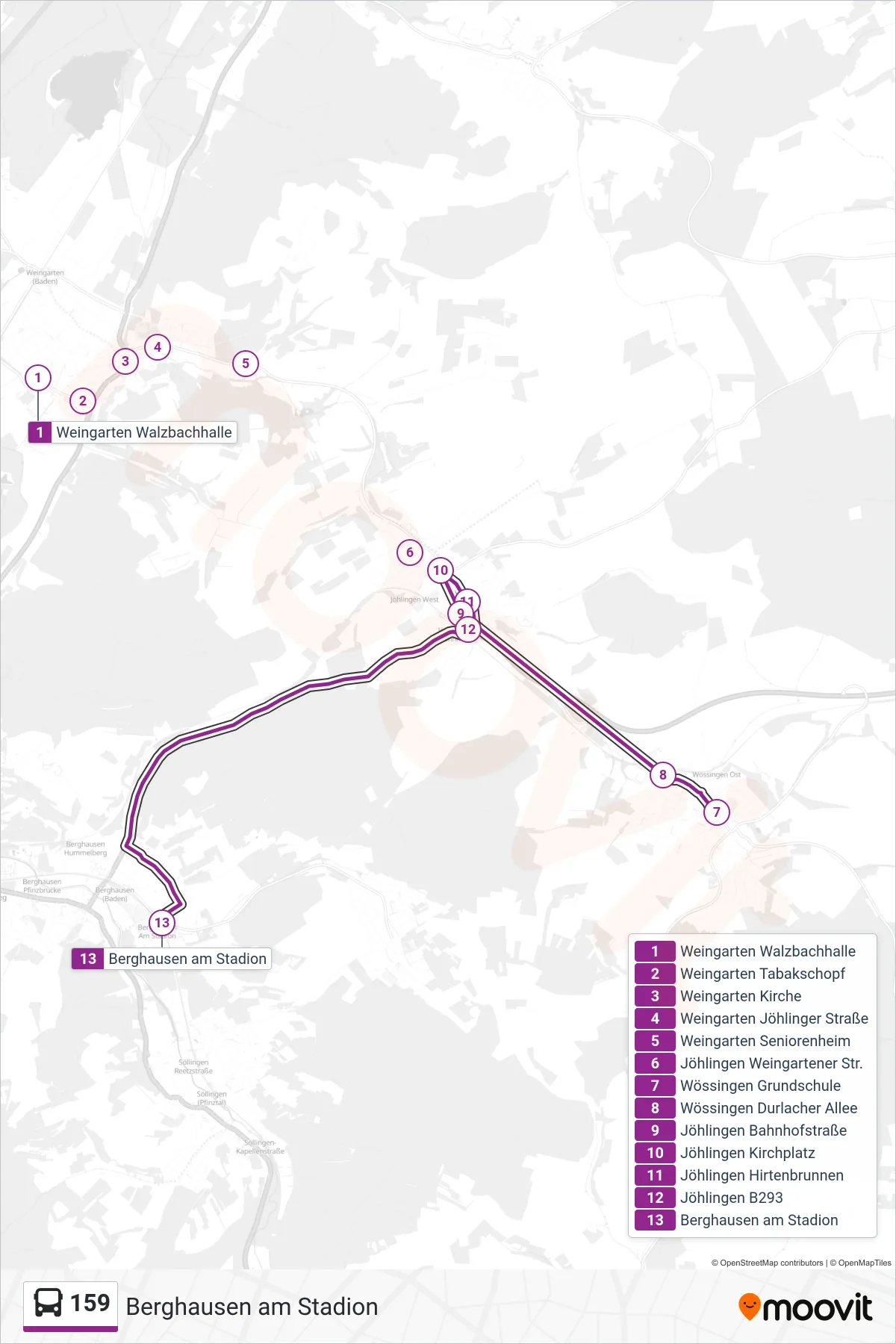 159 bus Line (Berghausen am Stadion) route and stops on a map