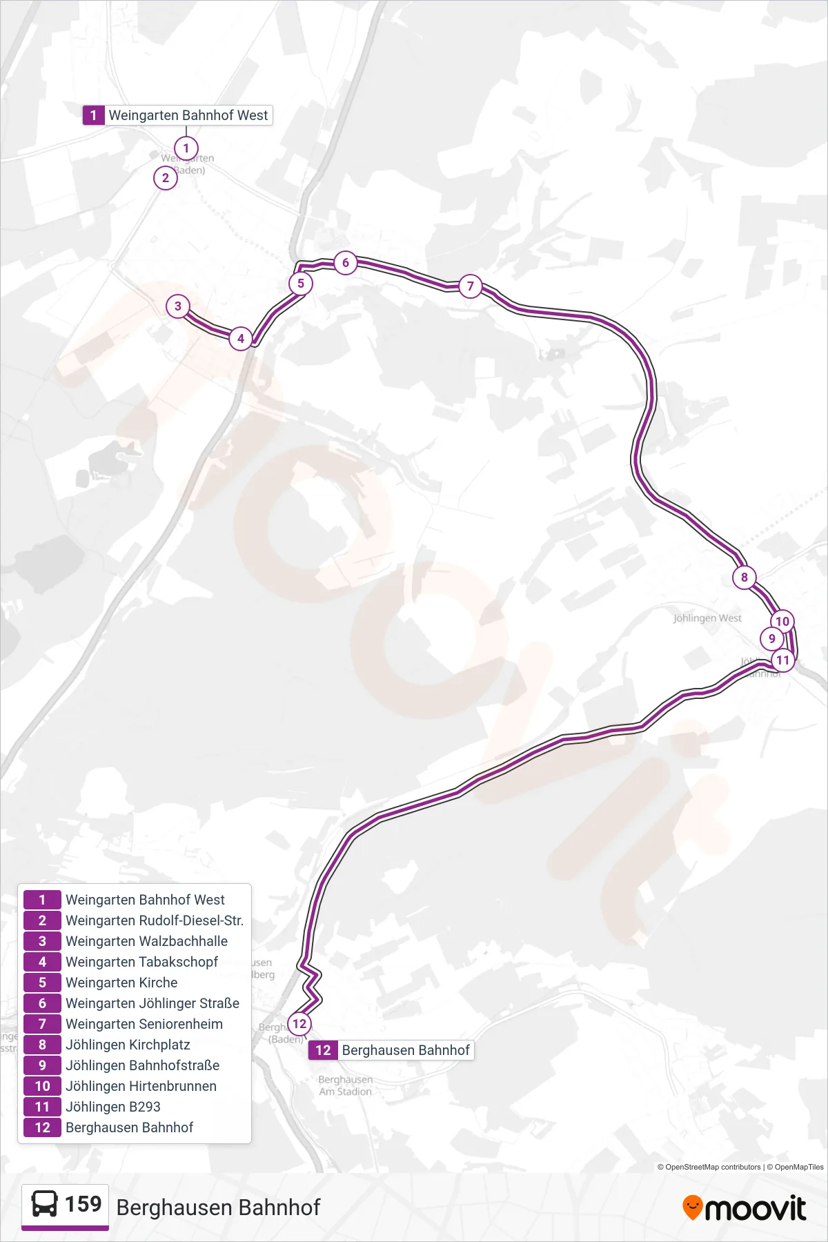 159 bus Line (Berghausen Bahnhof) route and stops on a map