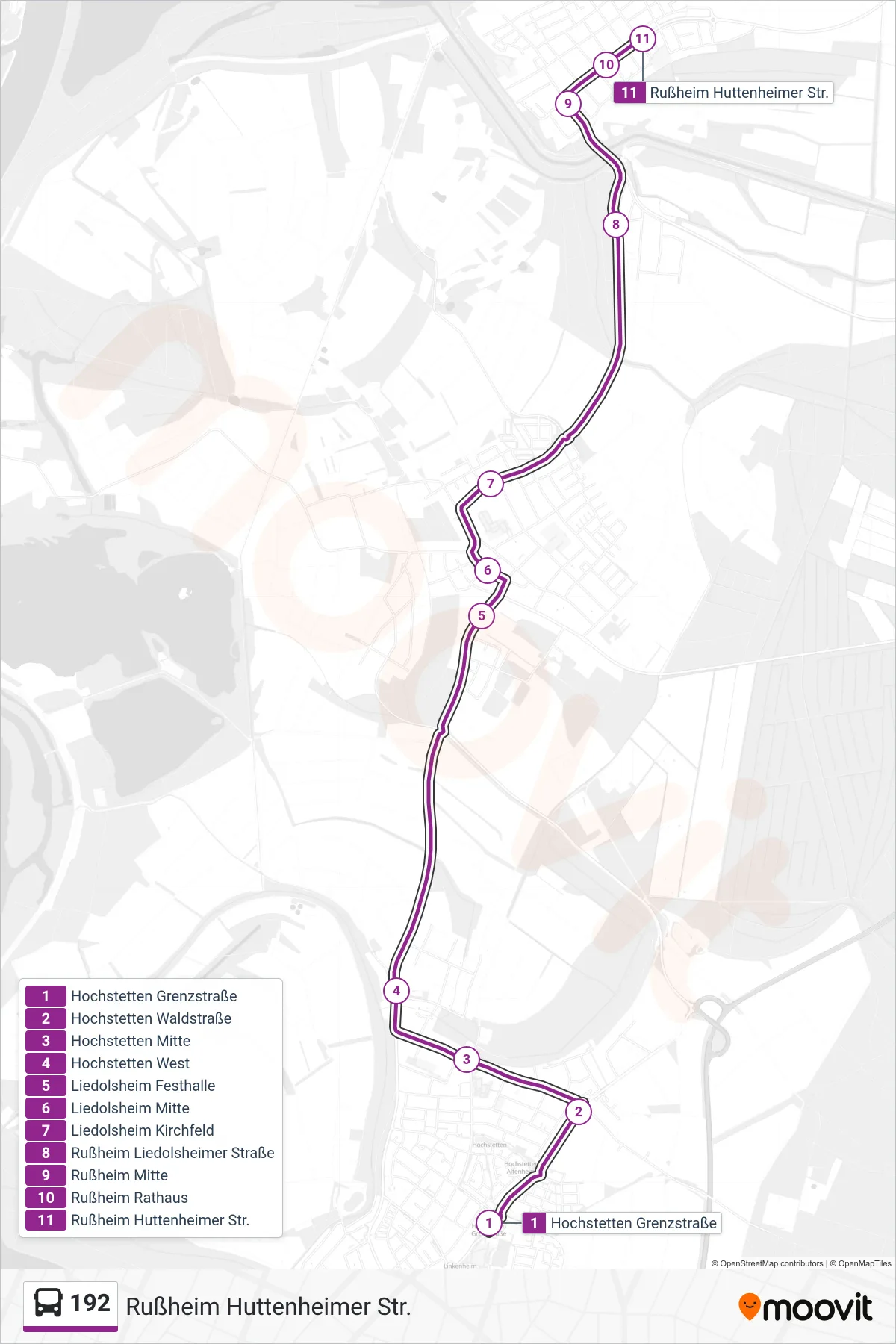 Linie 192 (Bus) Richtung Rußheim Huttenheimer Str.: Route und Haltestellen auf der Karte