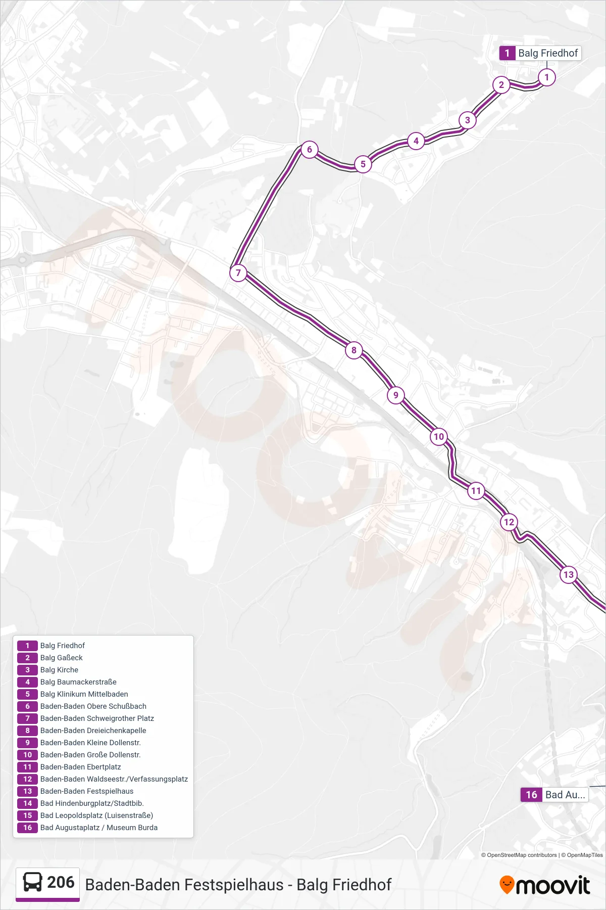 206 bus Line (Bad Augustaplatz / Museum Burda) route and stops on a map