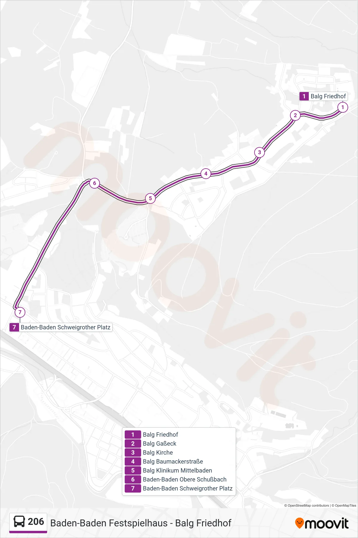 206 bus Line (Baden-Baden Schweigrother Platz) route and stops on a map