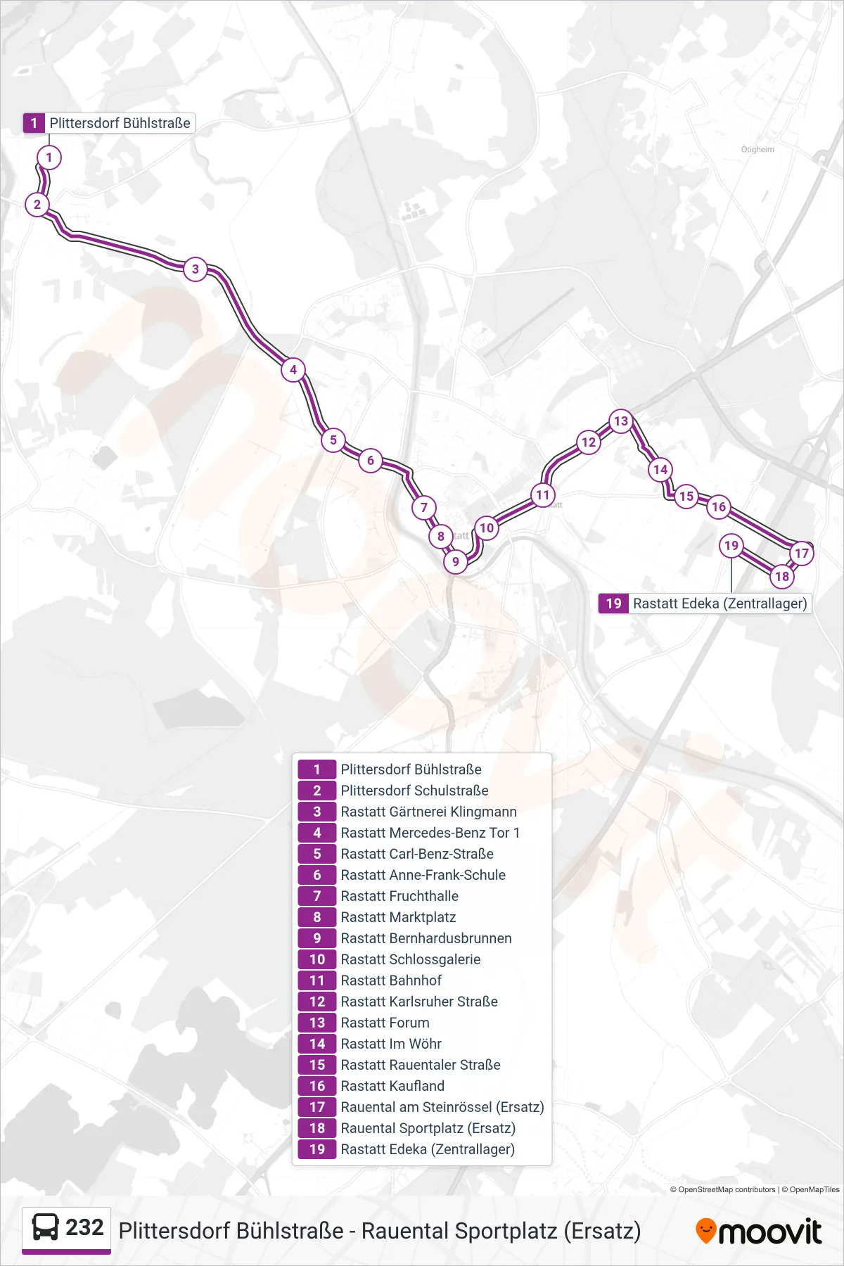232 bus Line (Rastatt Edeka (Zentrallager)) route and stops on a map