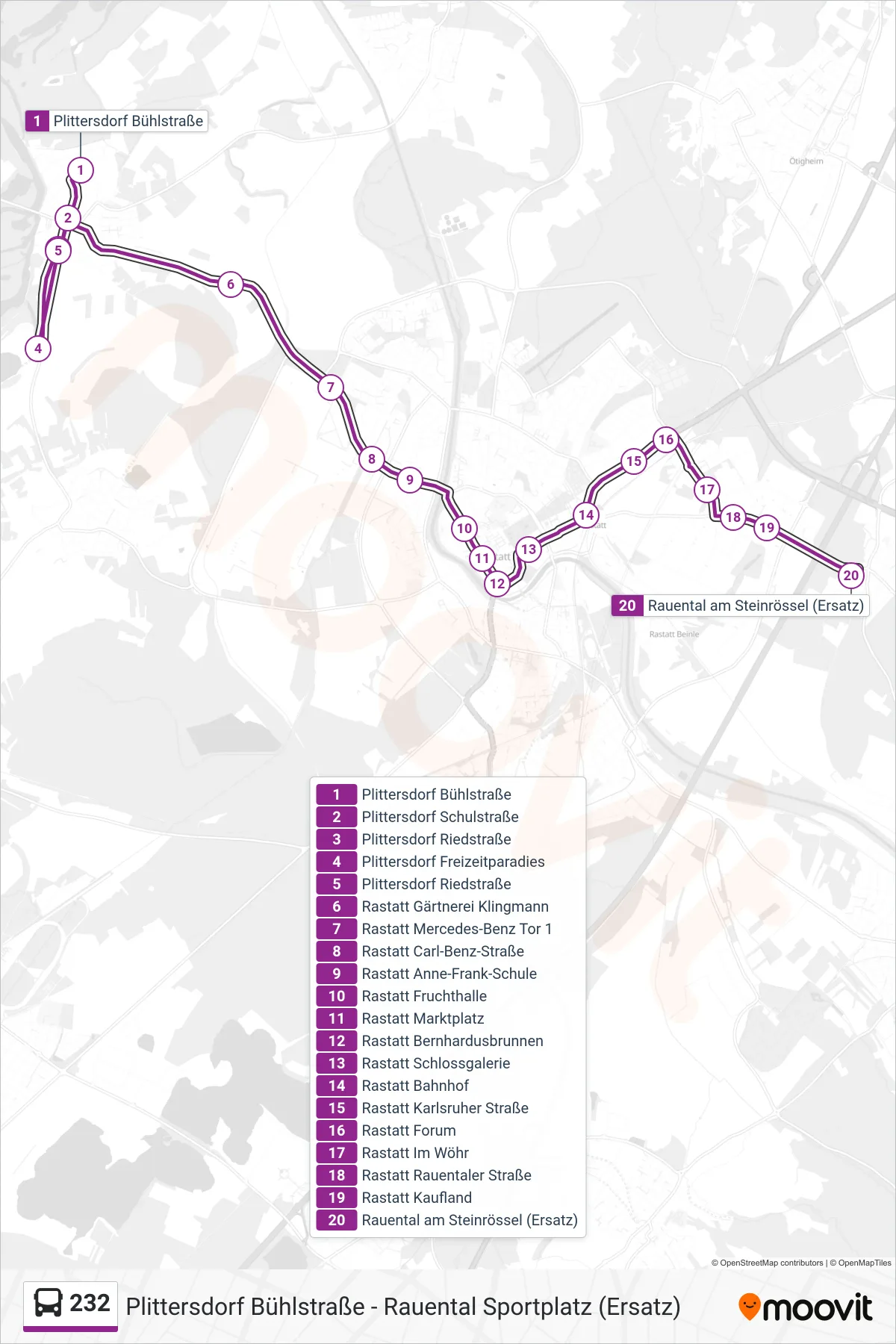 232 bus Line (Rauental am Steinrössel (Ersatz)) route and stops on a map