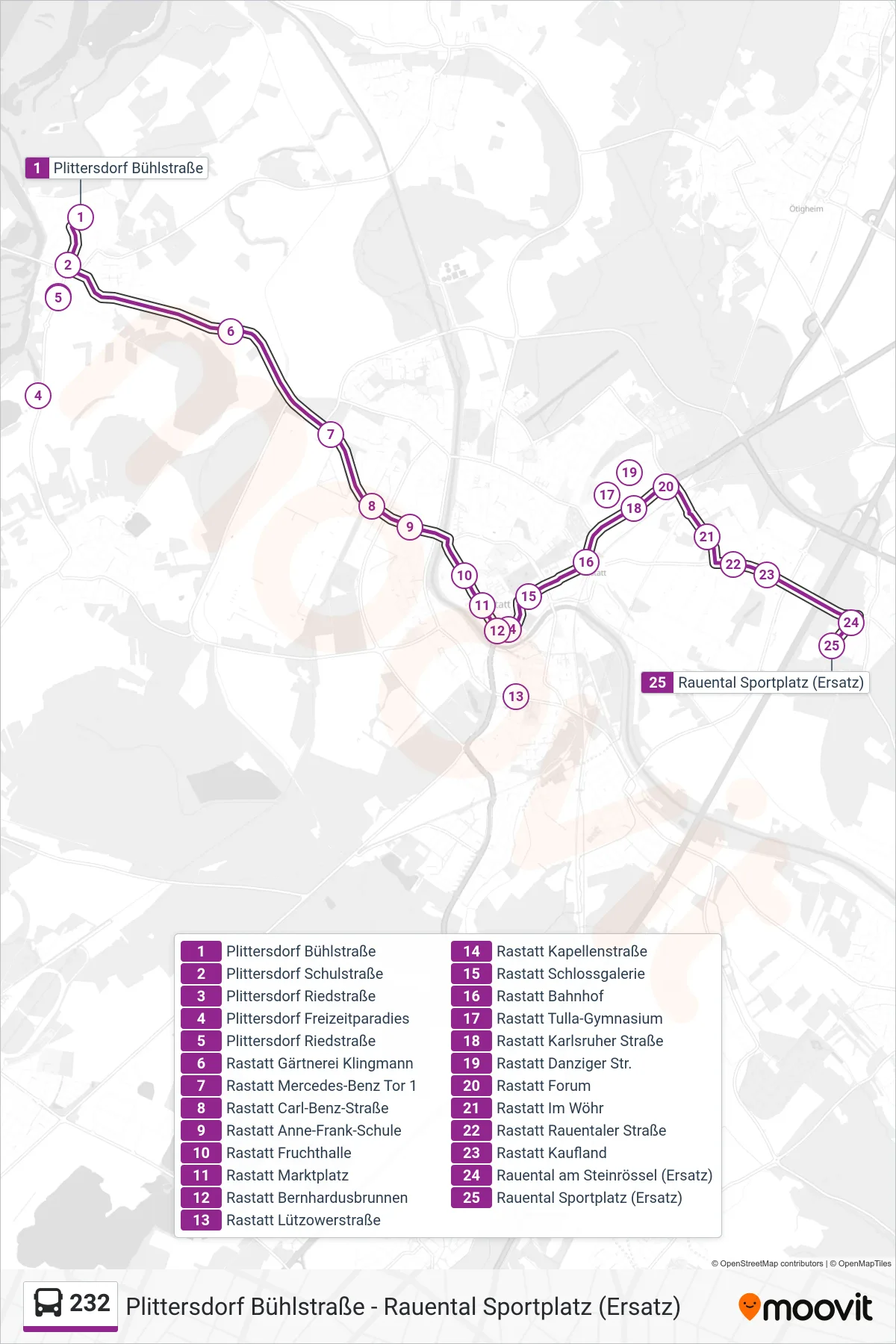 232 bus Line (Rauental Sportplatz (Ersatz)) route and stops on a map