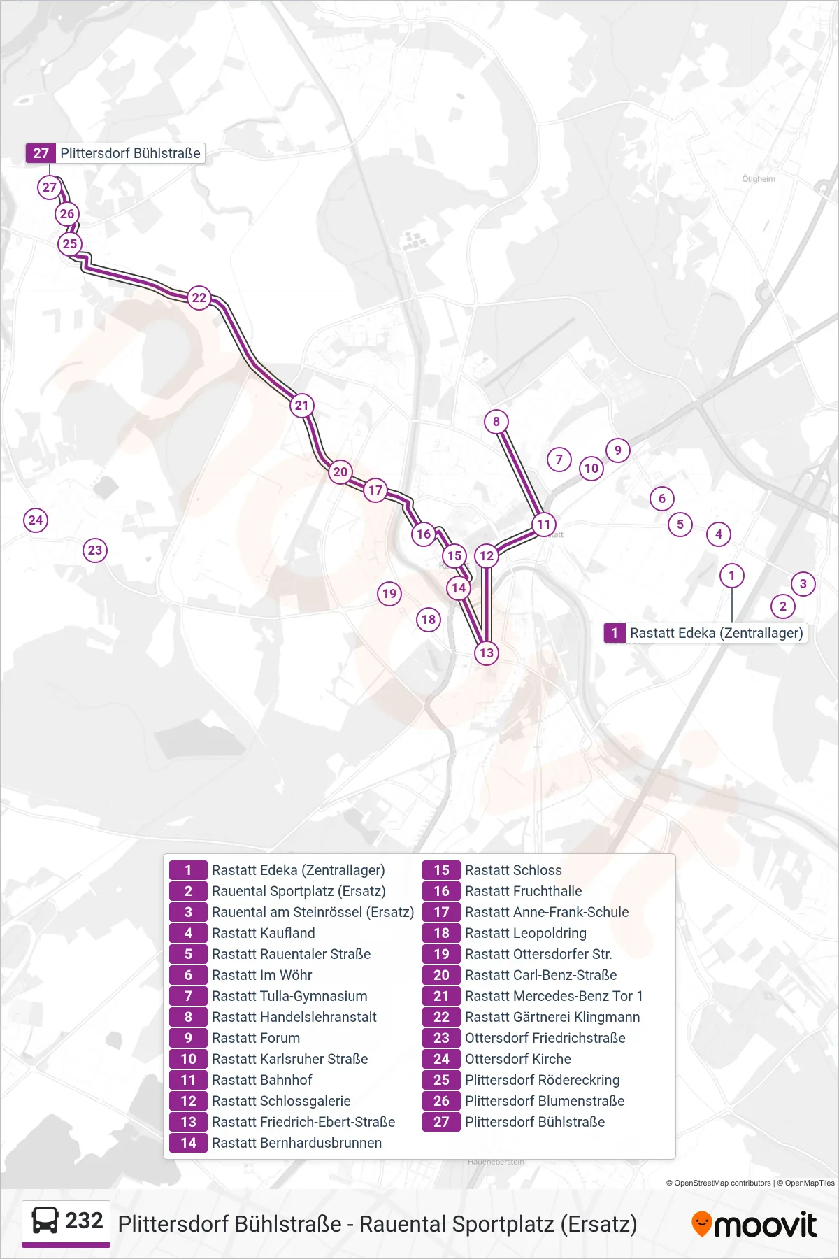 232 bus Line (Plittersdorf Bühlstraße) route and stops on a map