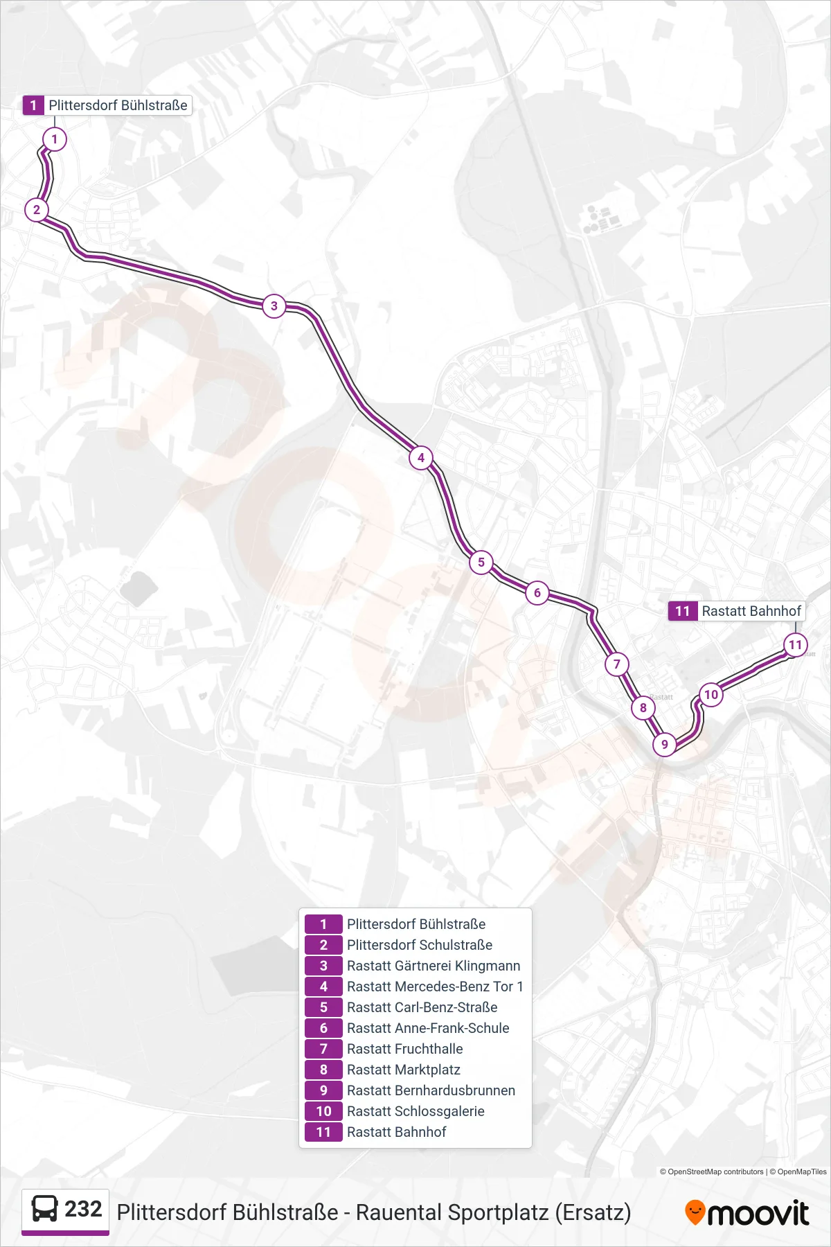 232 bus Line (Rastatt Bahnhof) route and stops on a map
