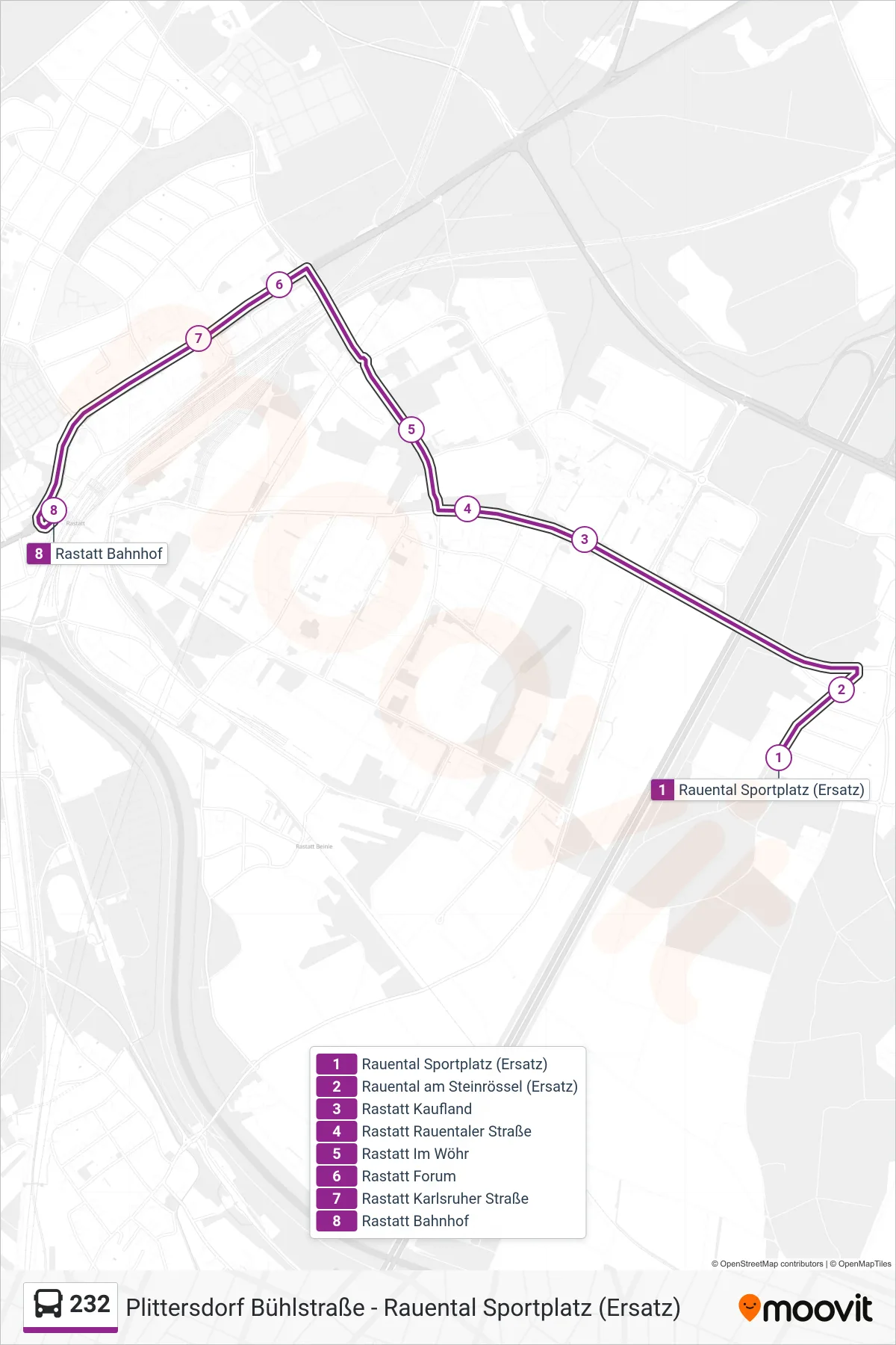 Linie 232 (Bus) Richtung Rastatt Bahnhof: Route und Haltestellen auf der Karte