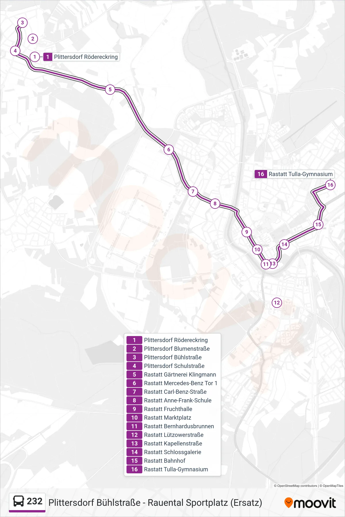 232 bus Line (Rastatt Tulla-Gymnasium) route and stops on a map