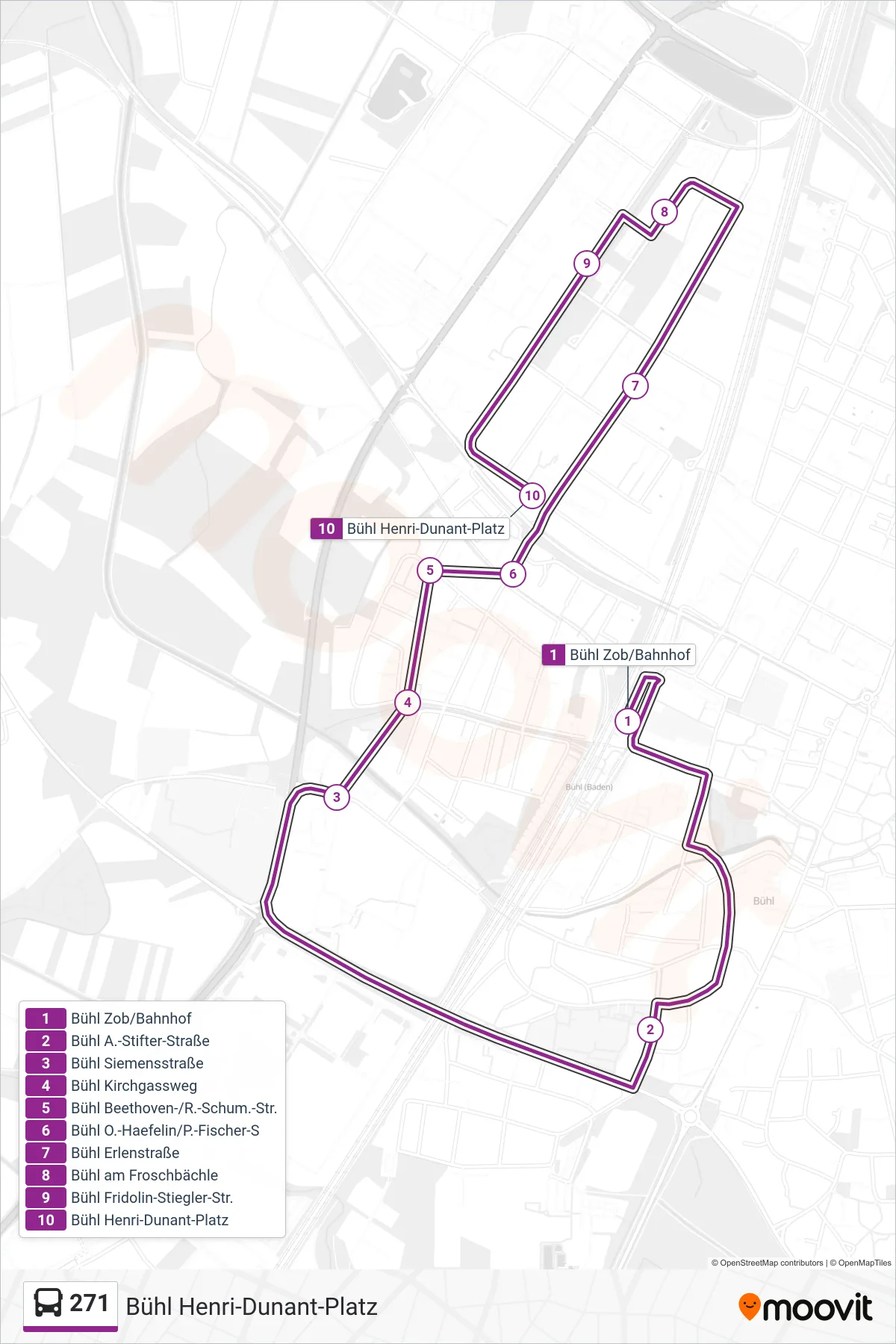 Linie 271 (Bus) Richtung Bühl Henri-Dunant-Platz: Route und Haltestellen auf der Karte