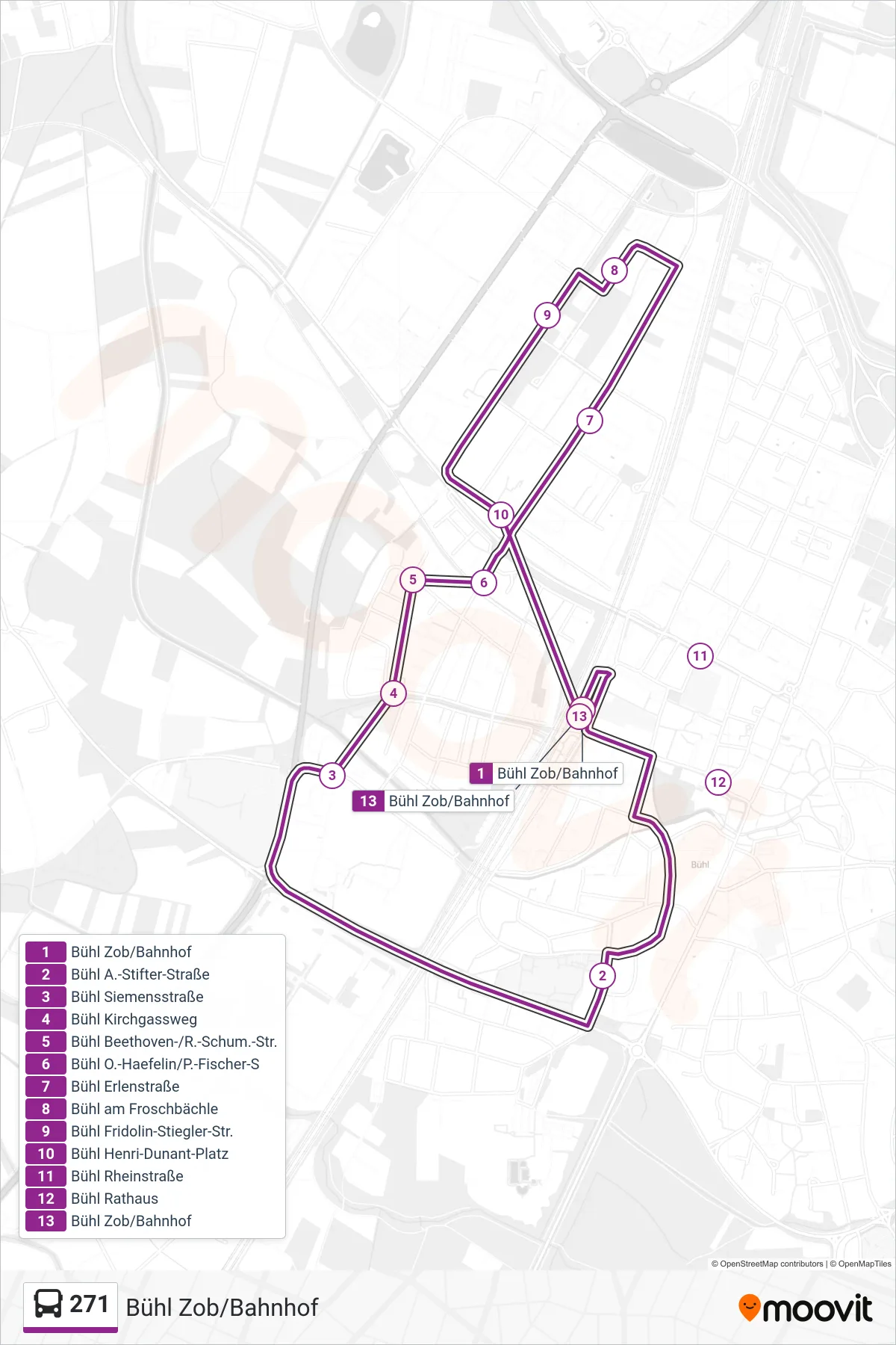 271 bus Line (Bühl Zob/Bahnhof) route and stops on a map