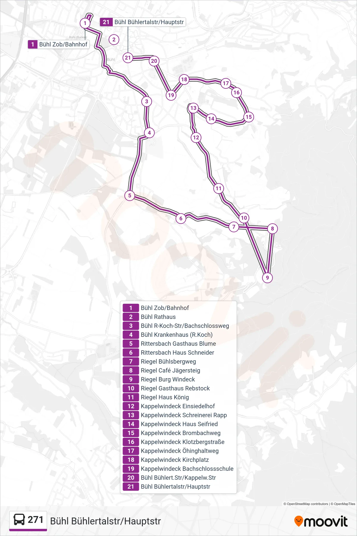 271 bus Line (Bühl Bühlertalstr/Hauptstr) route and stops on a map