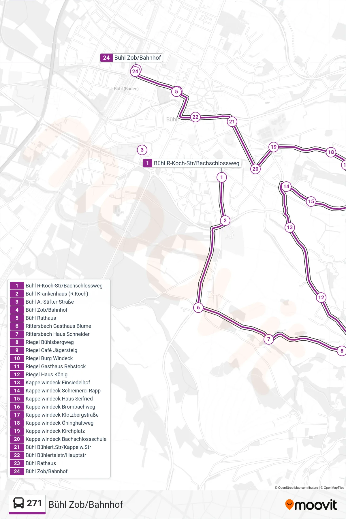 271 bus Line (Bühl Zob/Bahnhof) route and stops on a map