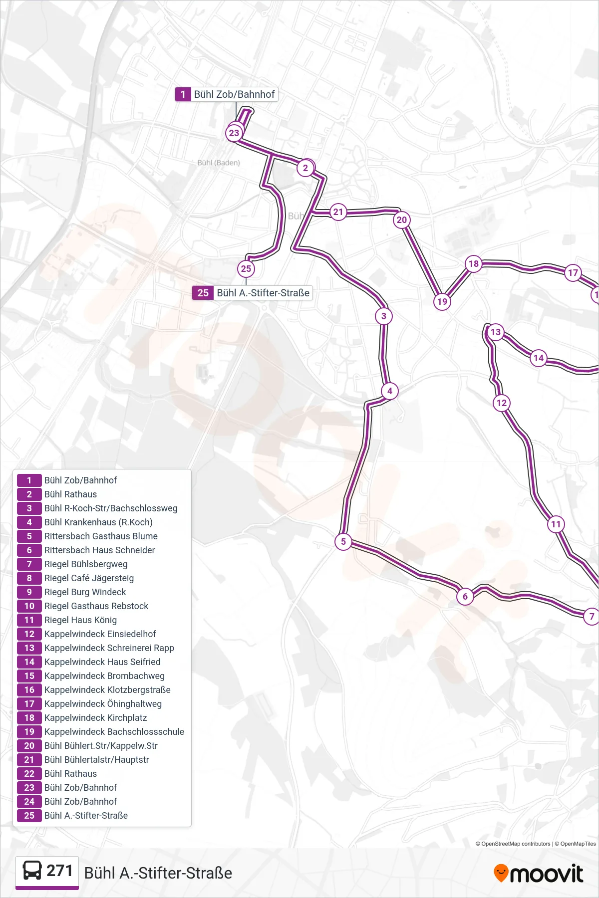 271 bus Line (Bühl A.-Stifter-Straße) route and stops on a map