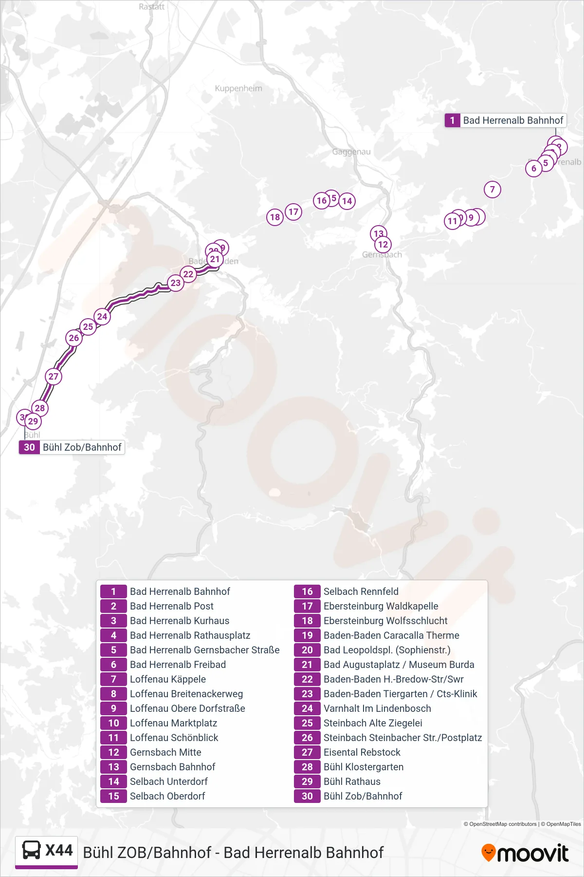 X44 bus Line (Bühl Zob/Bahnhof) route and stops on a map