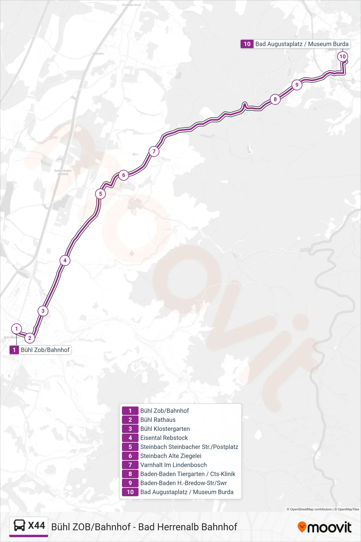X44 bus Line (Bad Augustaplatz / Museum Burda) route and stops on a map
