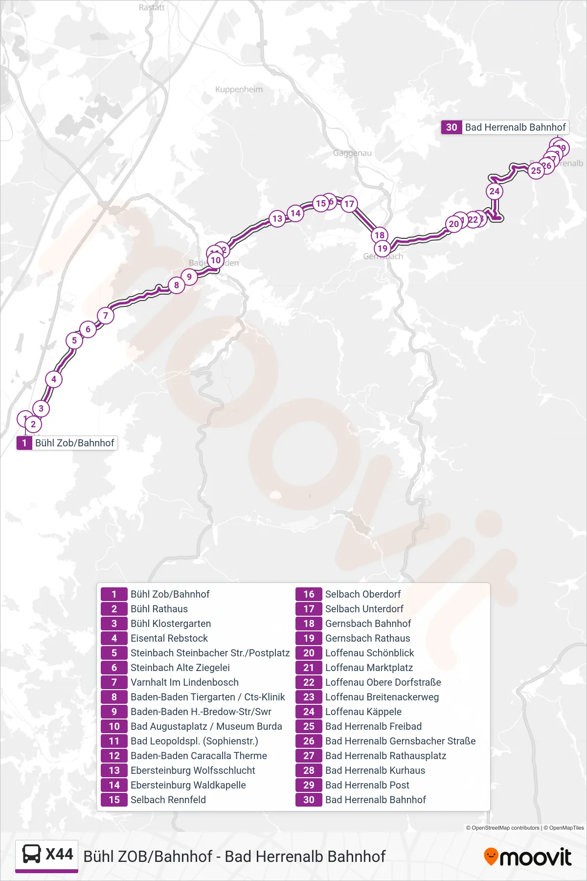 Linie X44 (Bus) Richtung Bad Herrenalb Bahnhof: Route und Haltestellen auf der Karte