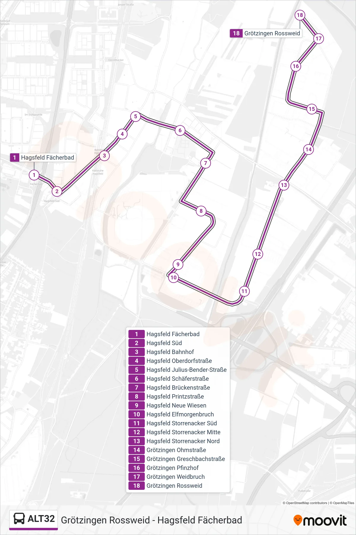ALT32 bus Line (Grötzingen Rossweid) route and stops on a map