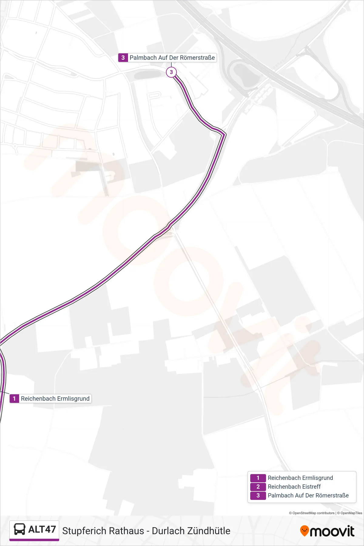 Linie ALT47 (Bus) Richtung Palmbach Auf Der Römerstraße: Route und Haltestellen auf der Karte