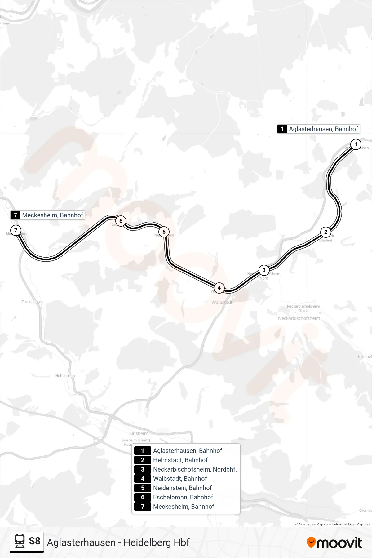 S8 rail Line (Meckesheim) route and stops on a map