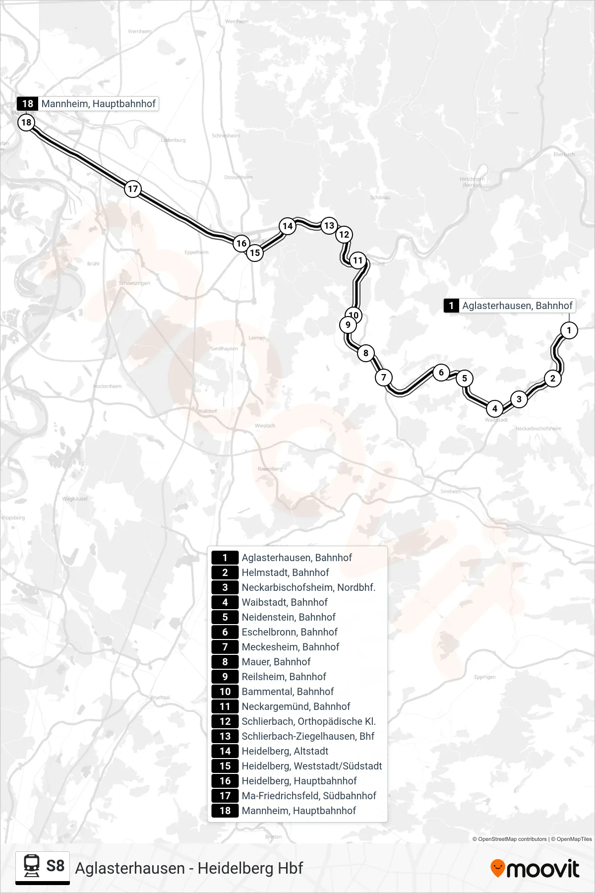 Linie S8 (Bahn) Richtung Mannheim Hbf: Route und Haltestellen auf der Karte