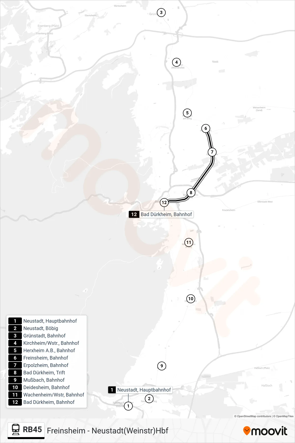 RB45 rail Line (Bad Dürkheim) route and stops on a map