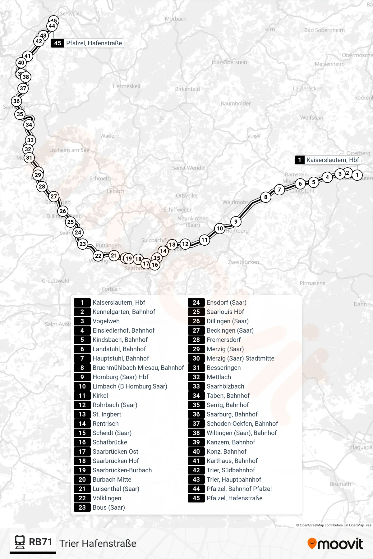 RB71 rail Line (Trier Hafenstraße) route and stops on a map