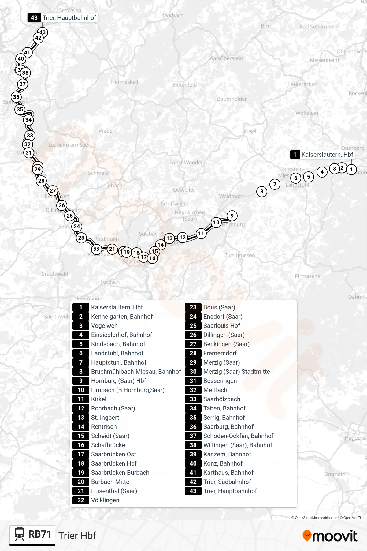RB71 rail Line (Trier Hbf) route and stops on a map