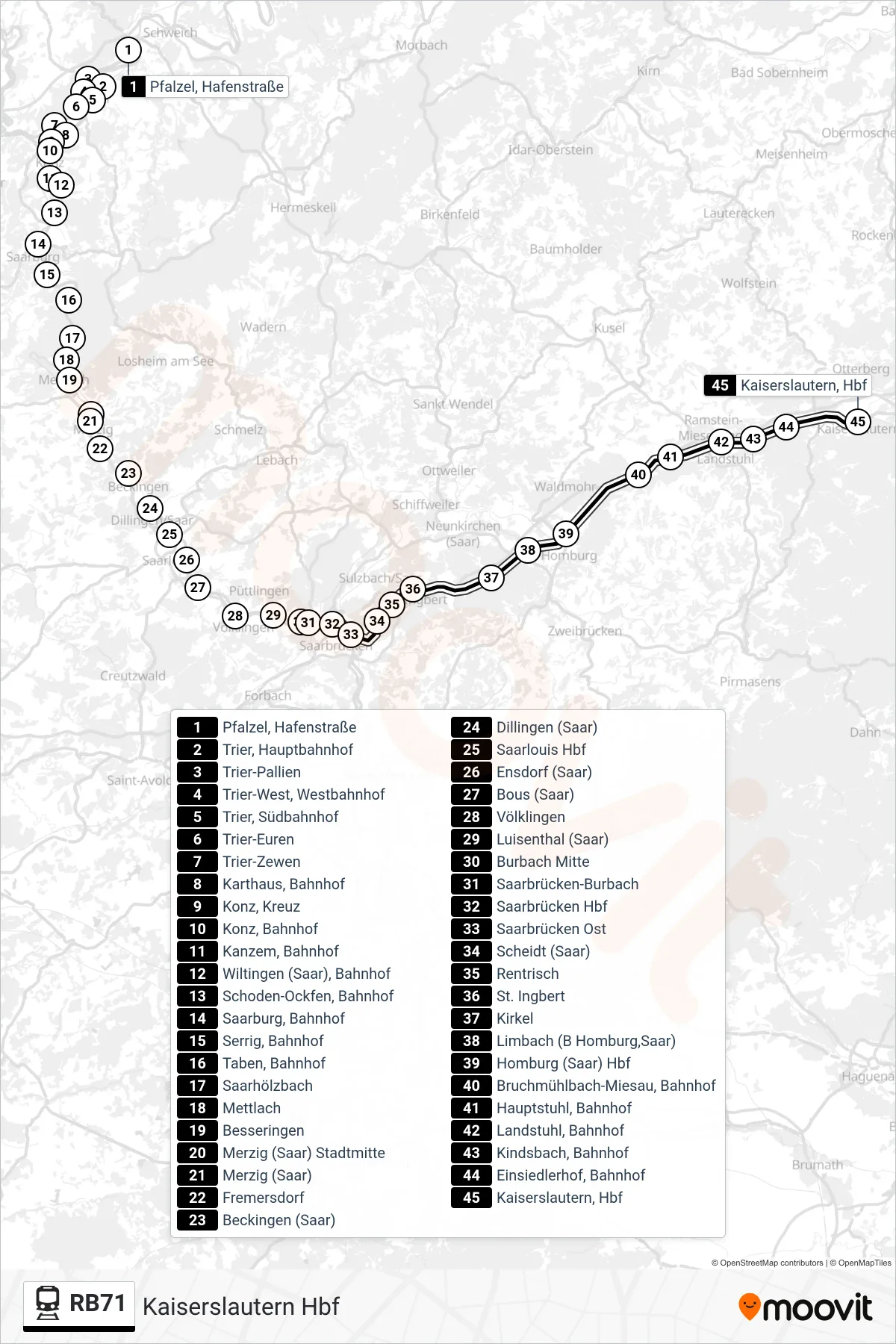Linie RB71 (Bahn) Richtung Kaiserslautern Hbf: Route und Haltestellen auf der Karte