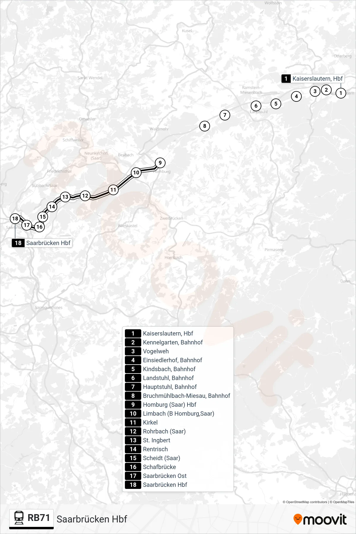 RB71 train Line (Saarbrücken Hbf) route and stops on a map